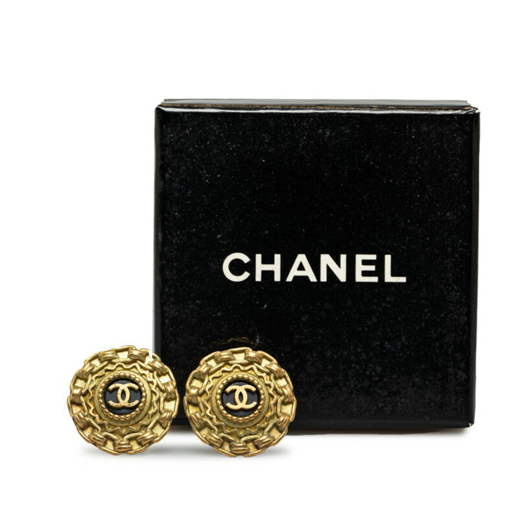 Chanel Coco Mark Chain Earrings Black Gold Plated Women's CHANEL