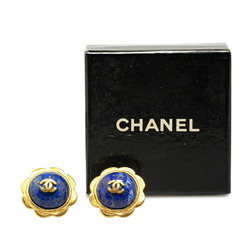 Chanel Coco Mark Flower Motif Earrings Gold Blue Plated Women's CHANEL