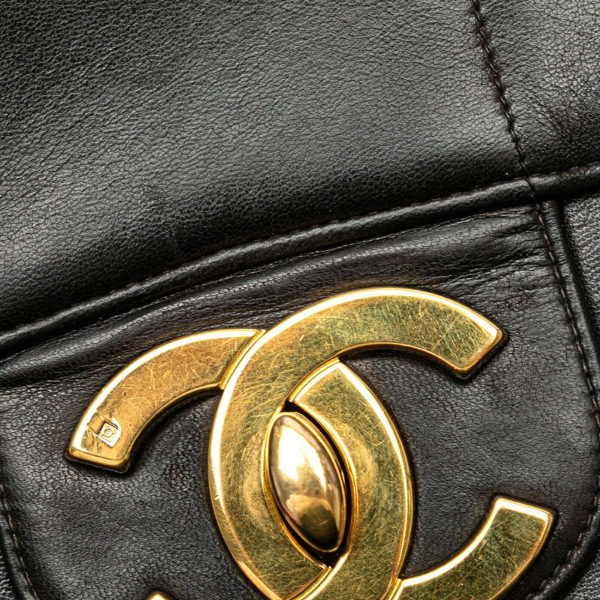 Chanel Mademoiselle Coco Mark Double Flap Chain Shoulder Bag Black Gold Lambskin Women's CHANEL