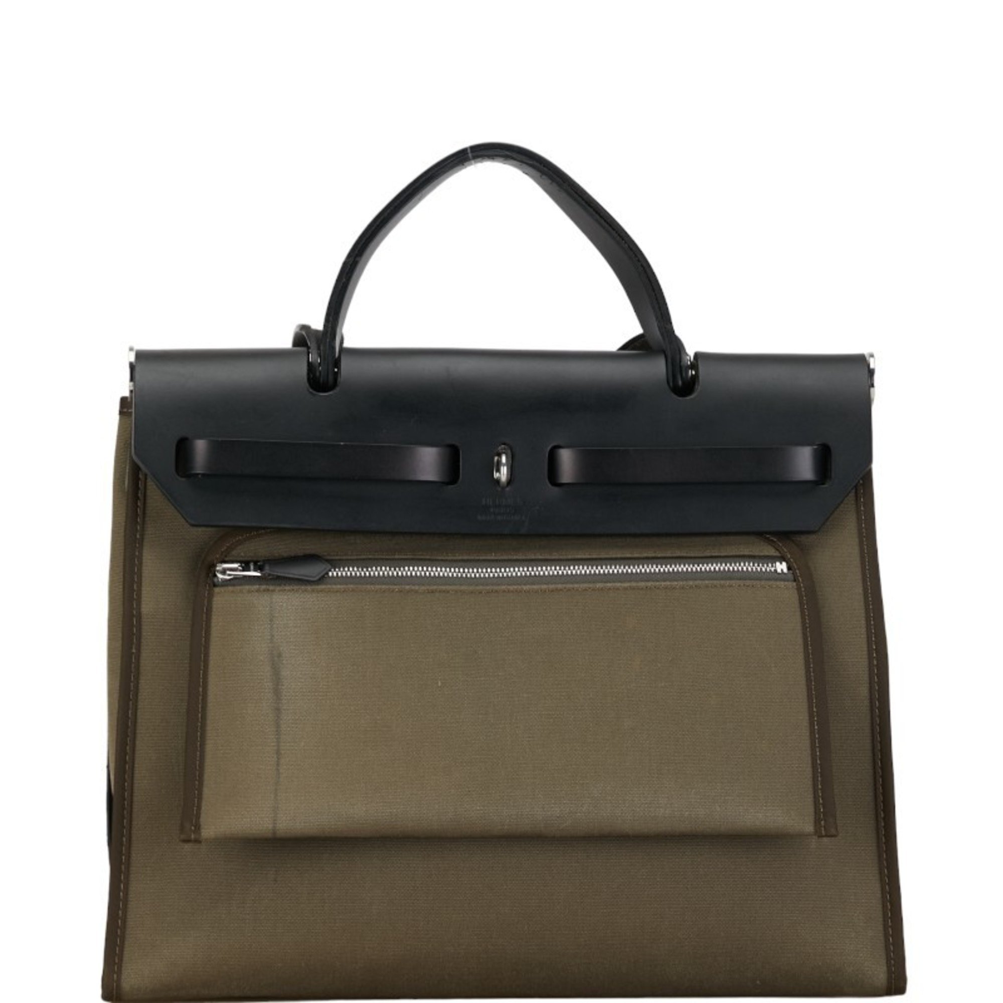 Hermes Airbag Zip PM Handbag Shoulder Bag Khaki Black Toile Officier Leather Women's HERMES