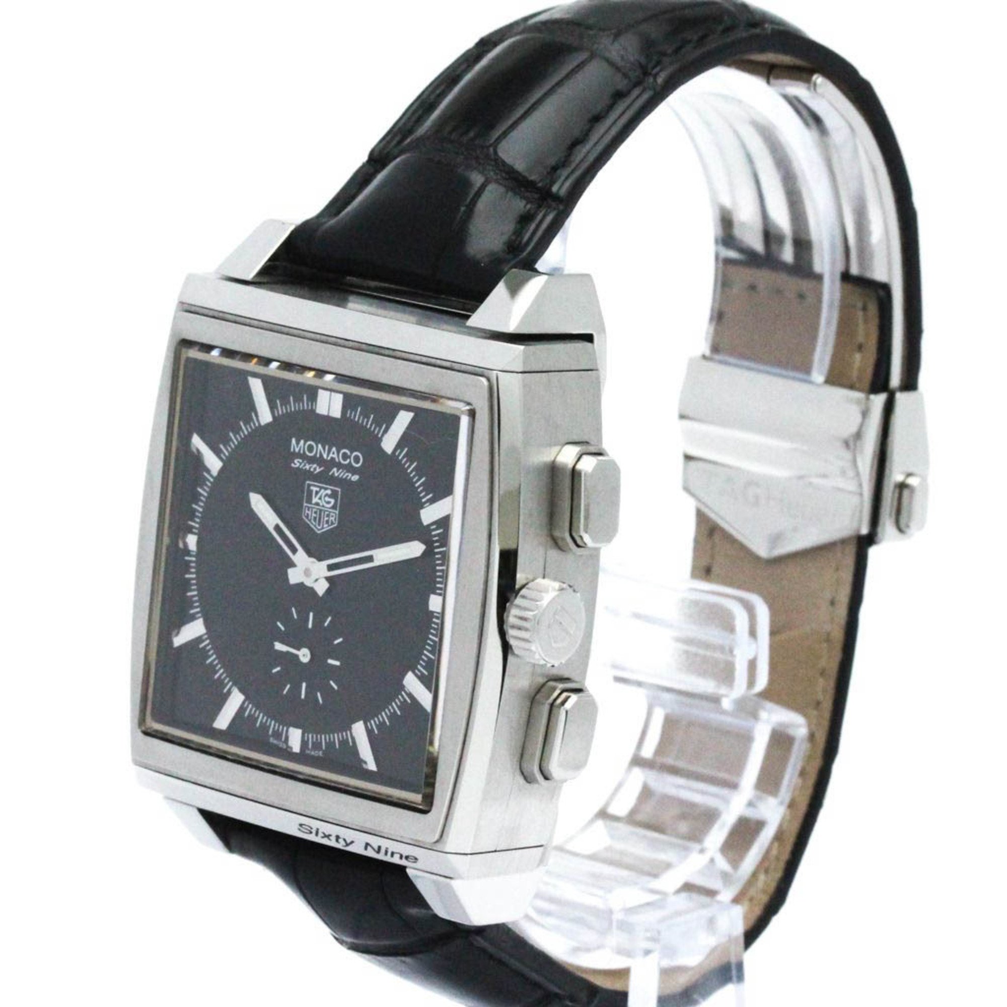 Polished TAG HEUER Monaco 69 Steel Automatic Leather Mens Watch CW9110 BF571654