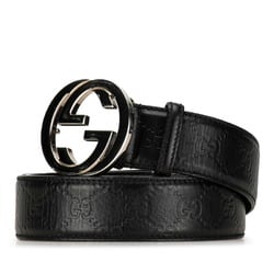 Gucci Interlocking G Guccissima Signature Belt 114984 Black Silver Leather Women's GUCCI
