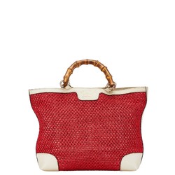 Gucci Mesh Bamboo Handbag Tote Bag 338965 Red Ivory Straw Leather Women's GUCCI