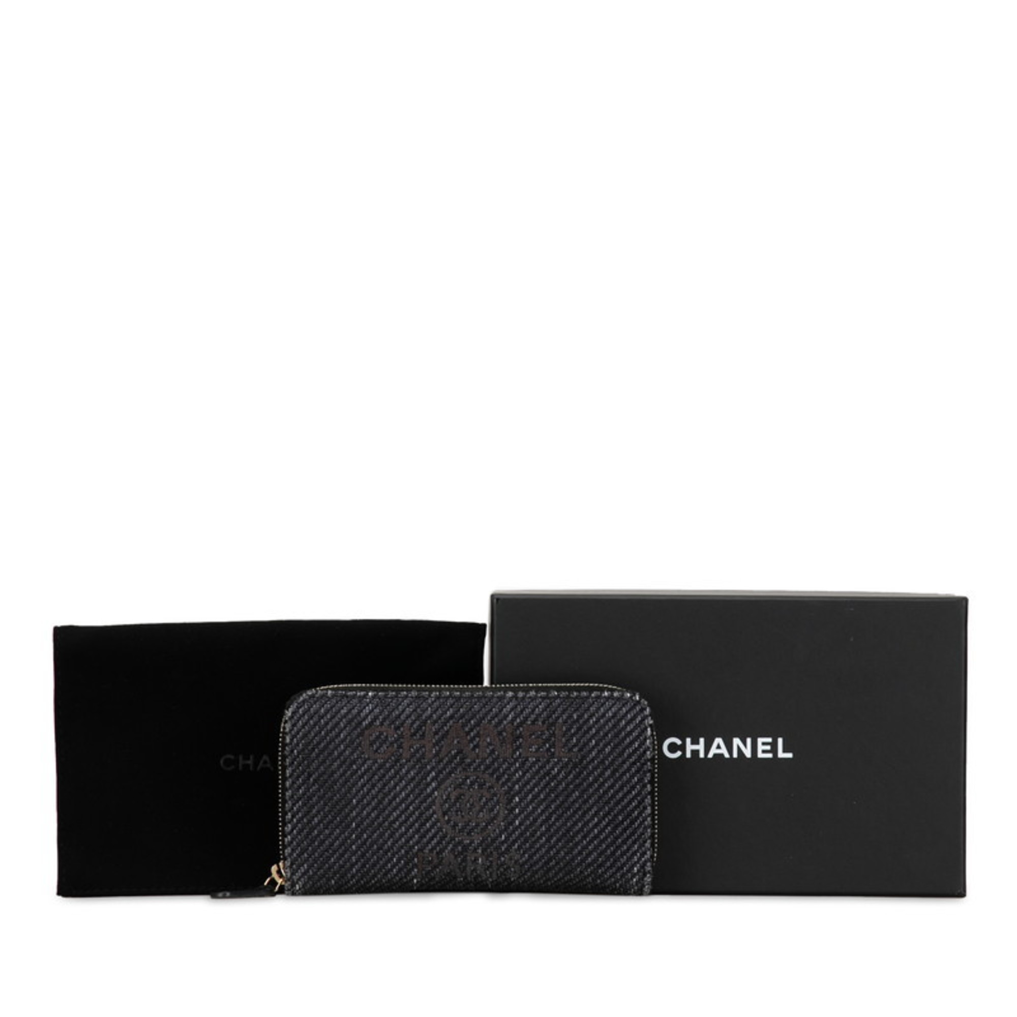 CHANEL Deauville Small Round Long Wallet A81973 Navy Brown Canvas Leather Women's