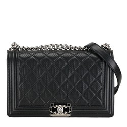 Chanel Matelasse 28 Coco Mark Boy Handbag Shoulder Bag Black Silver Punching Leather Women's CHANEL