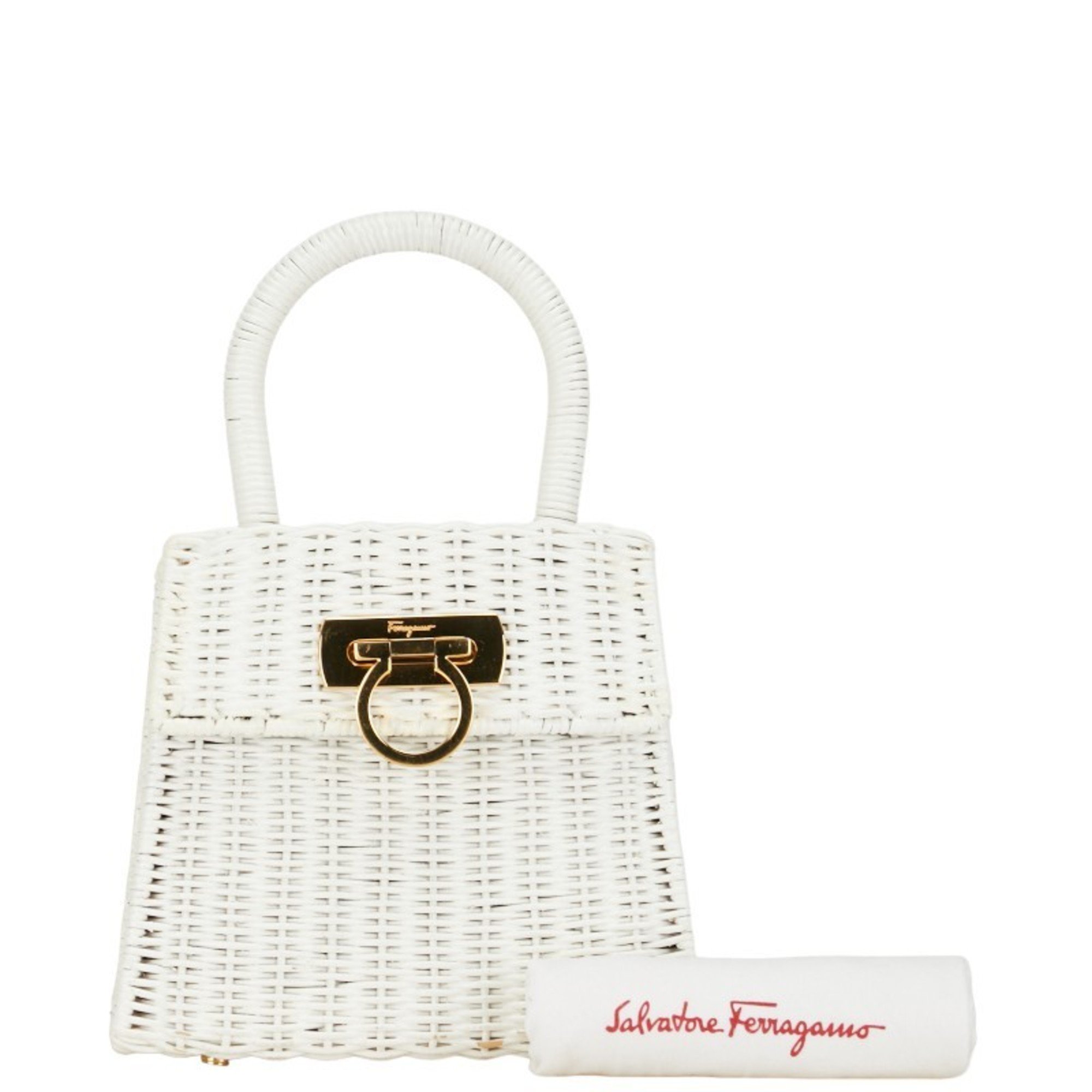 Salvatore Ferragamo Gancini Handbag 21-DO6176 White Rattan Women's