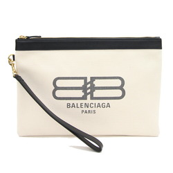 Balenciaga Clutch Bag 695538 Ivory Black Canvas Leather Pouch Hand Strap Women Men BALENCIAGA
