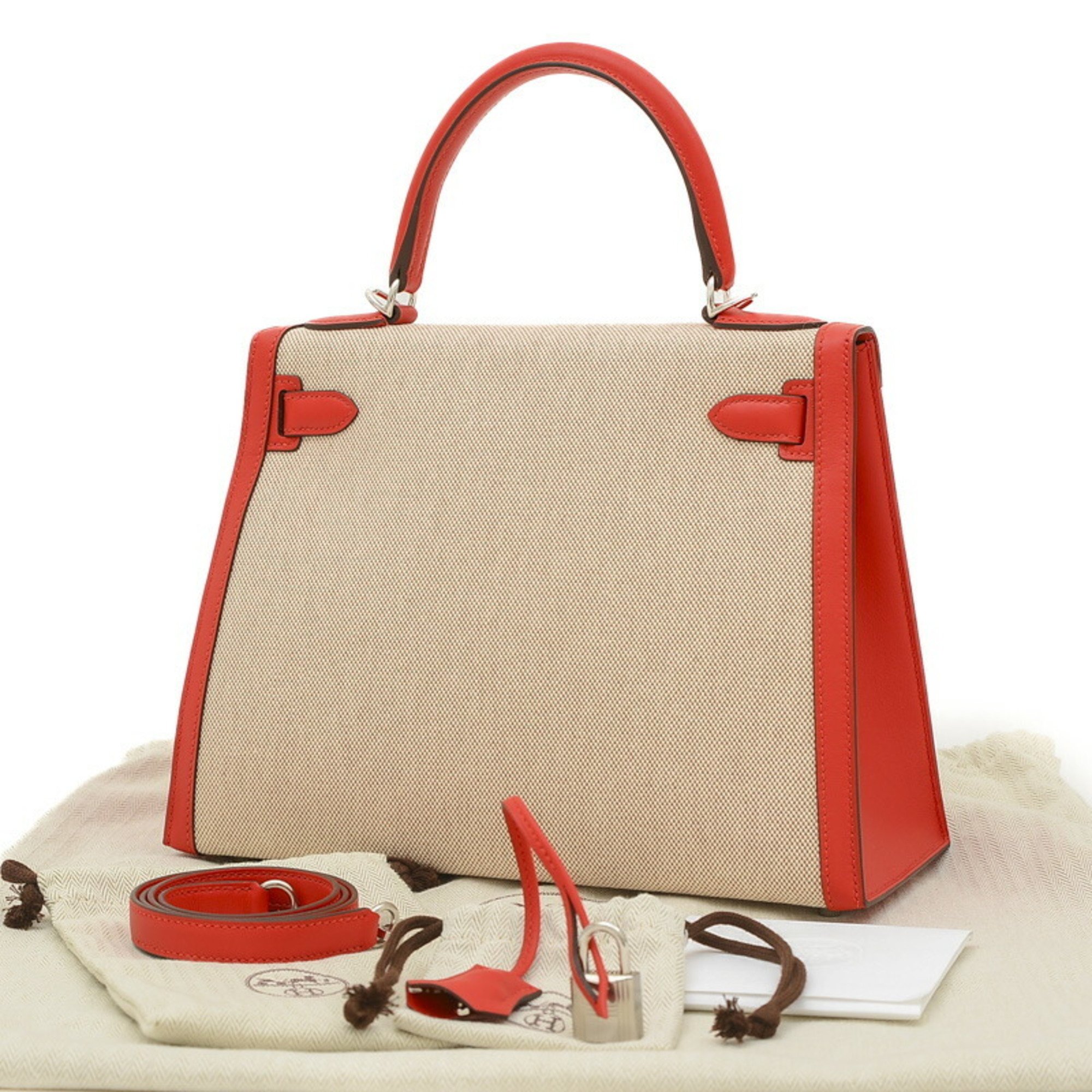 Hermes Kelly 28 Outer Stitching Handbag Toile H Swift Ecru Rouge Coeur Y Stamp