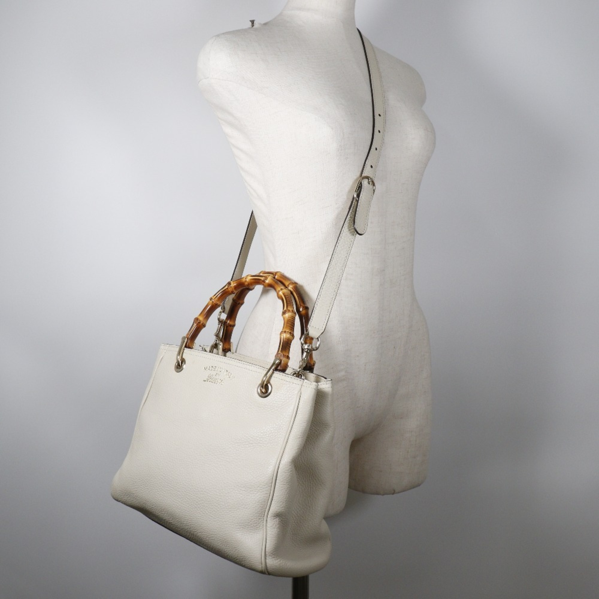 Gucci Bamboo Handbag Shoulder 336032 Leather x Canvas Off-White 2way A5 Type Women's