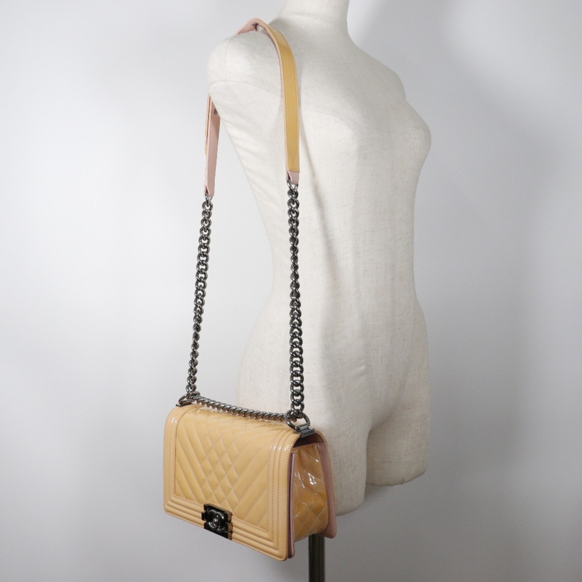 CHANEL Chain Shoulder Bag Boy Chanel Patent Leather Cream Yellow 2way Flap ChainShoulder Women's