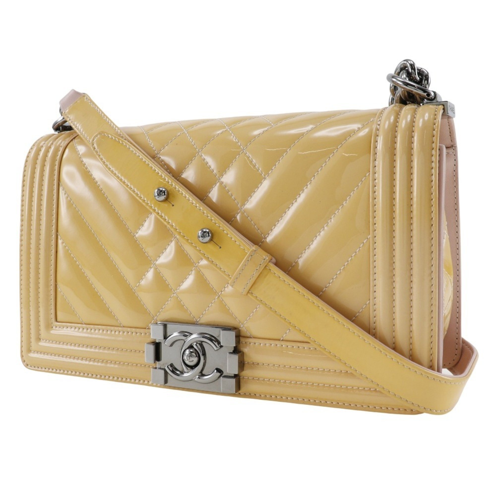 CHANEL Chain Shoulder Bag Boy Chanel Patent Leather Cream Yellow 2way Flap ChainShoulder Women's