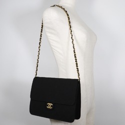 CHANEL Chain Shoulder Bag, Matelasse, Cotton, Black, Snap Button, ChainShoulder, Women's