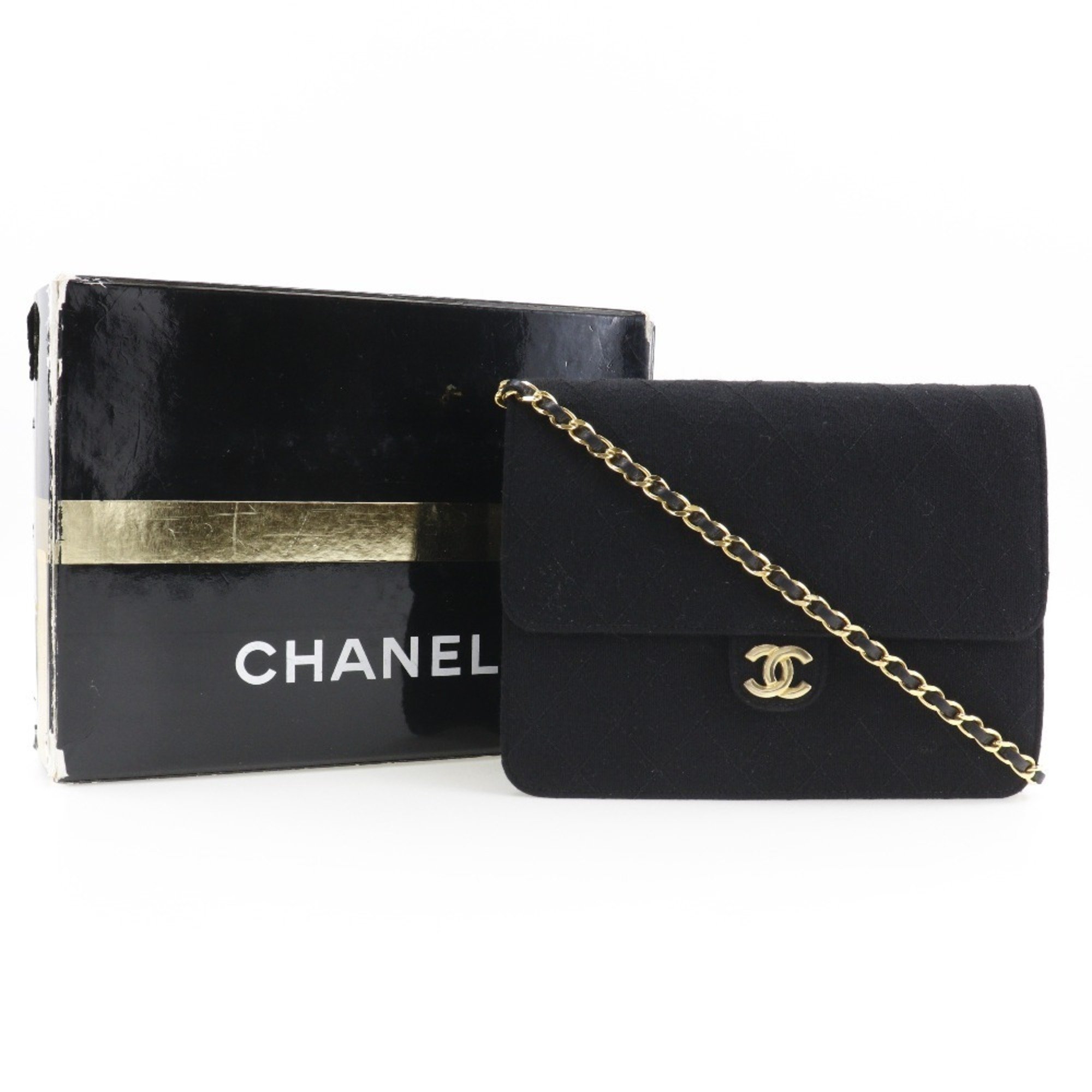CHANEL Chain Shoulder Bag, Matelasse, Cotton, Black, Snap Button, ChainShoulder, Women's