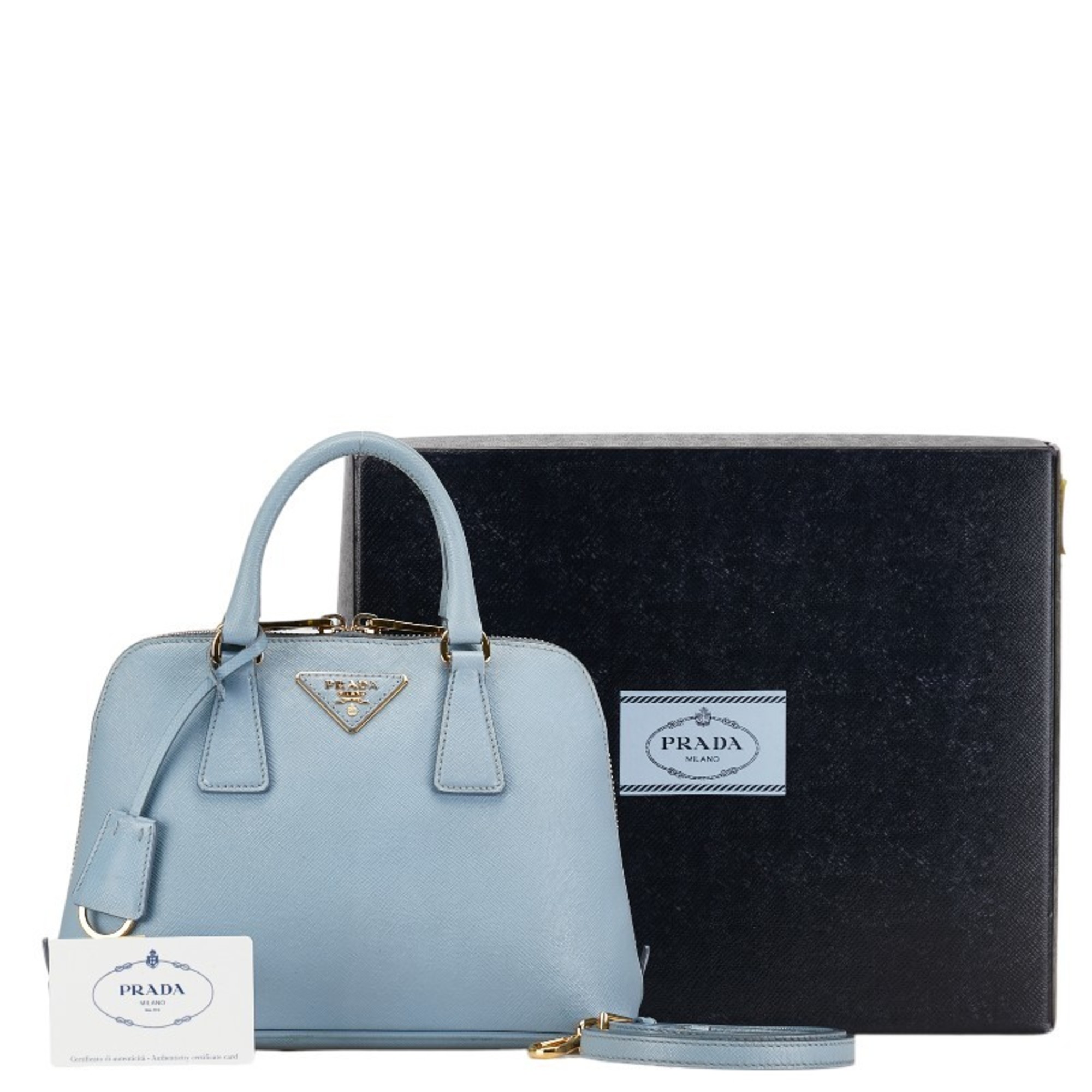 Prada Saffiano Triangle Plate Handbag Shoulder Bag BL0838 Light Blue Leather Women's PRADA