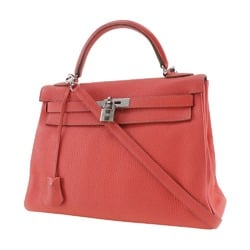 Hermes Kelly 32 Handbag, Inner Stitching, Taurillon Clemence, 2014, Coral Pink, □R, 2way, A5, Belt Clasp, 32, Women's