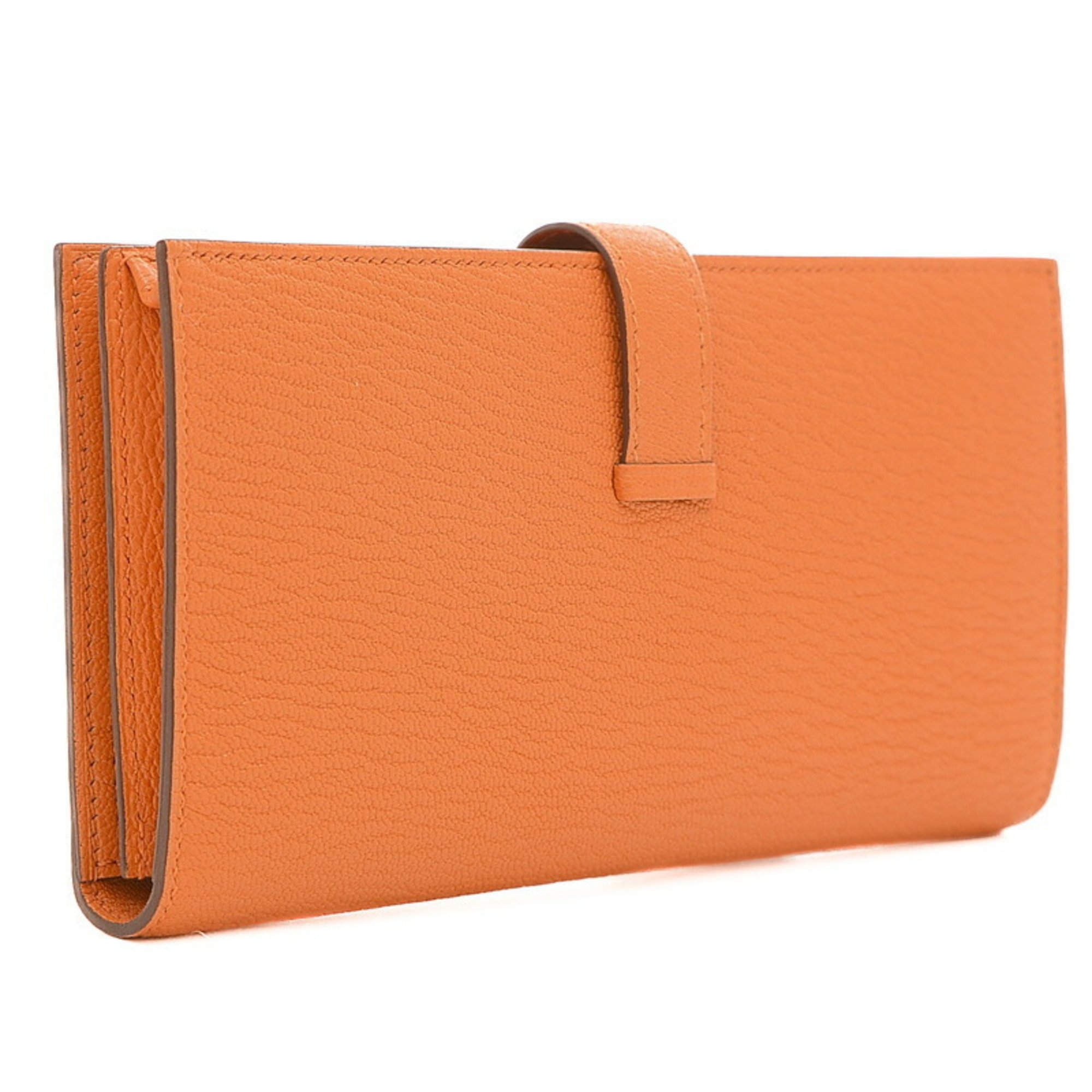 Hermes Bearn Soufflet Bi-fold Long Wallet Chevre Orange U Engraved
