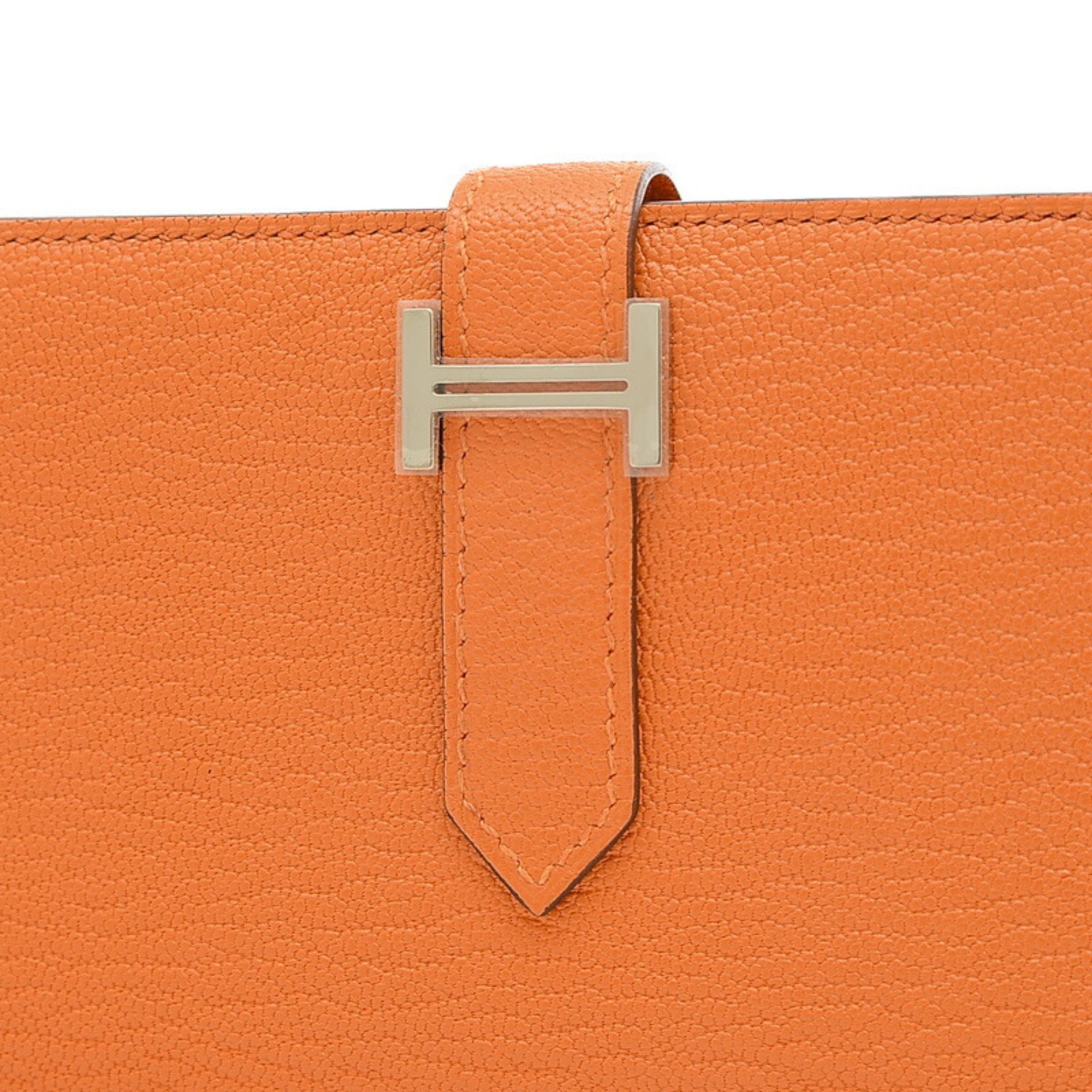 Hermes Bearn Soufflet Bi-fold Long Wallet Chevre Orange U Engraved