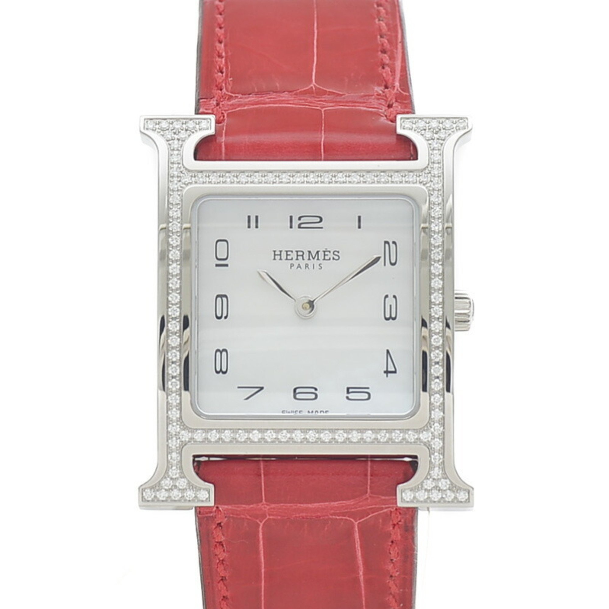 Hermes H Watch MM Ladies' Diamond Bezel Shell Dial HH1.531 with Replacement Strap