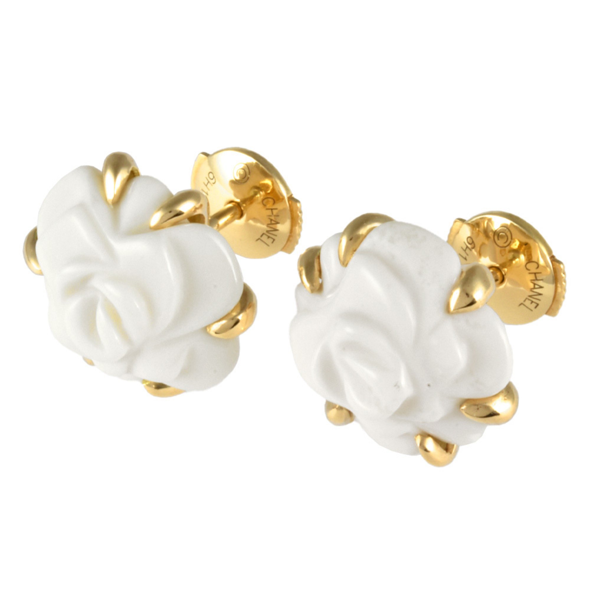 CHANEL Camellia Earrings K18YG White Agate Women's
