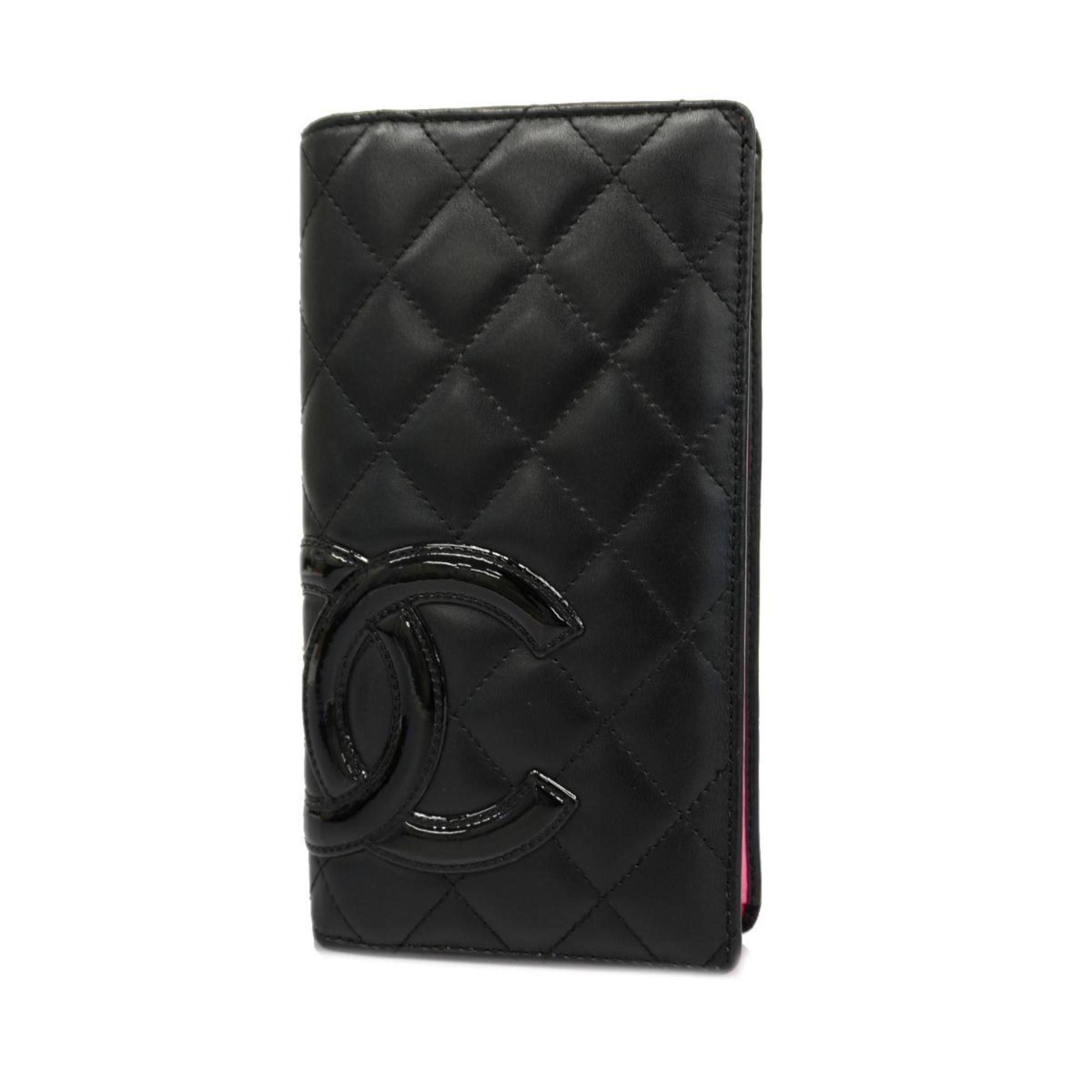 Chanel Long Wallet Cambon Lambskin Black Pink Women's
