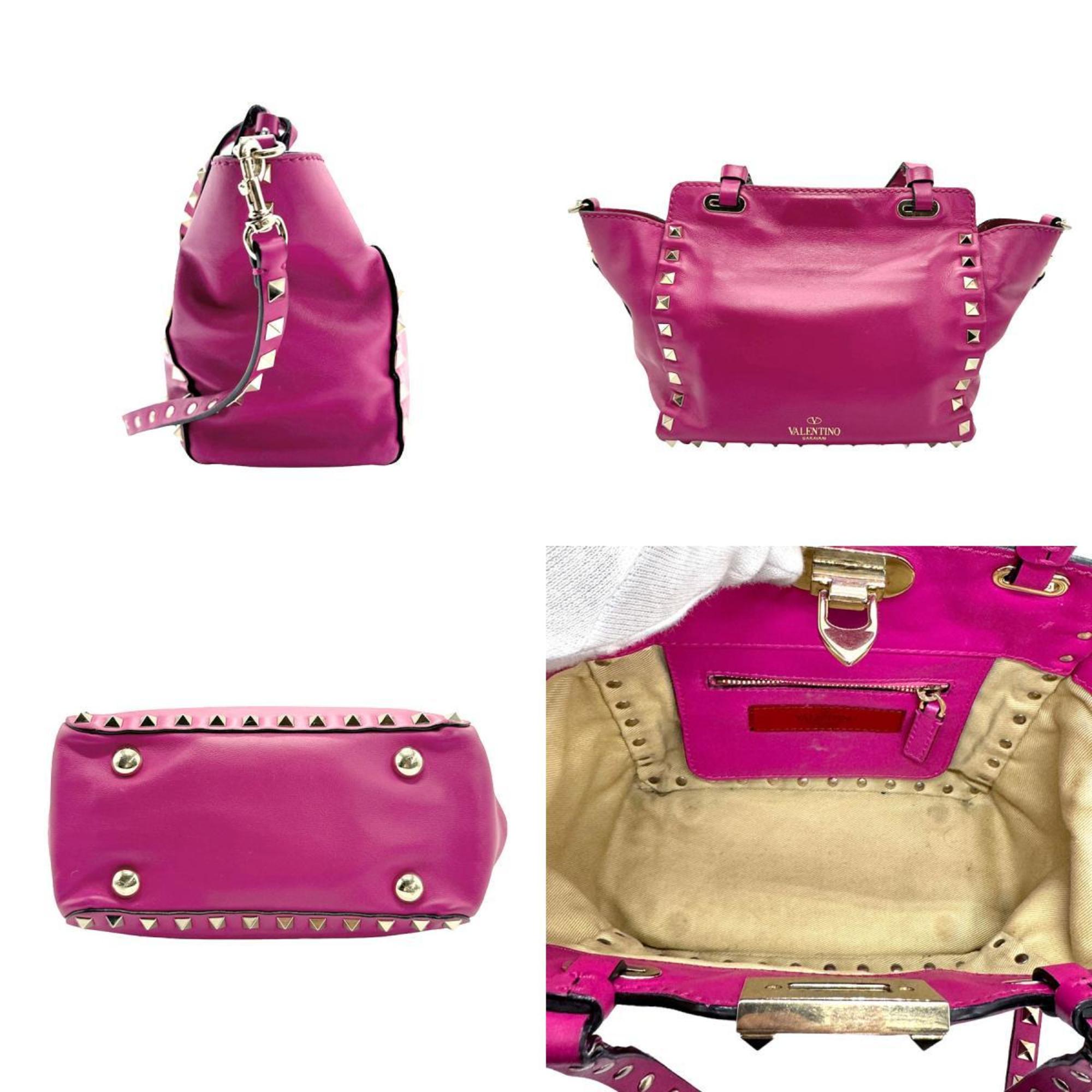 Valentino Garavani Handbag Shoulder Bag Rockstud Leather Metal Magenta Light Gold z1277