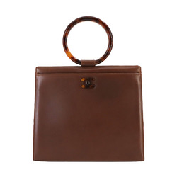 CHANEL Tortoiseshell Plastic Handle Handbag Leather Brown Hand Bag