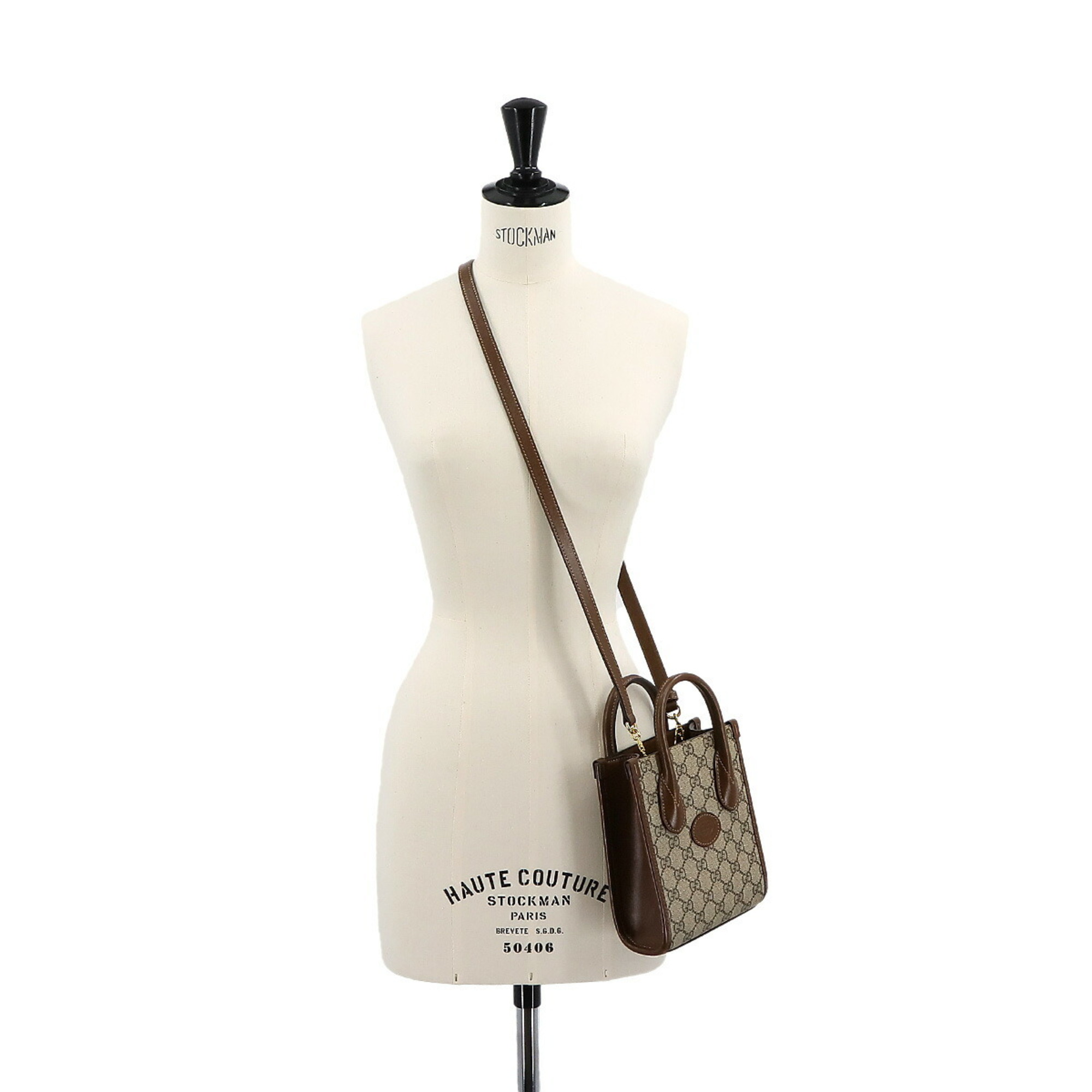 GUCCI Interlocking G Tote Shoulder Bag GG Supreme Canvas Leather Beige Brown 671623 Mini