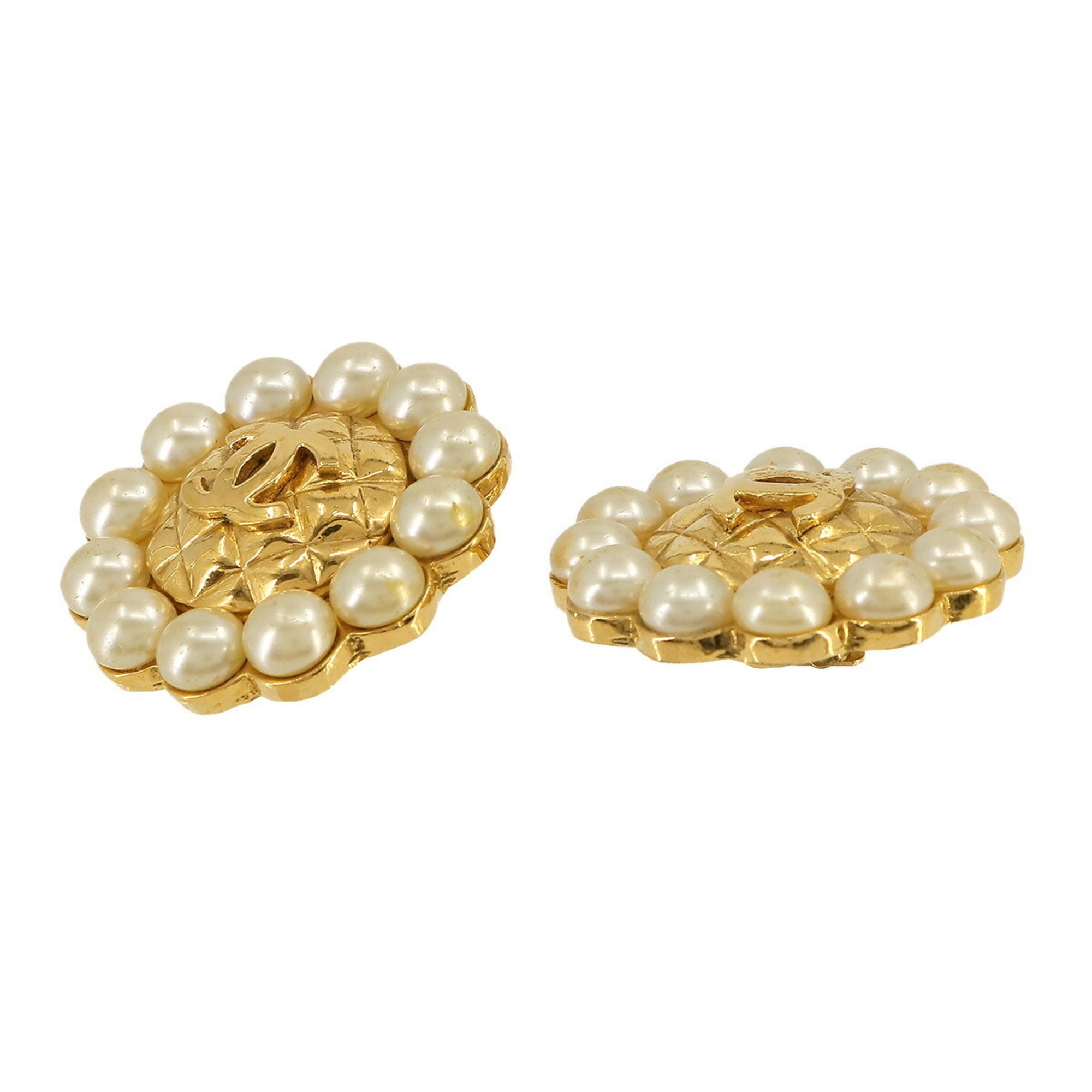 CHANEL Coco Mark Faux Pearl Earrings Matelasse Gold White 23