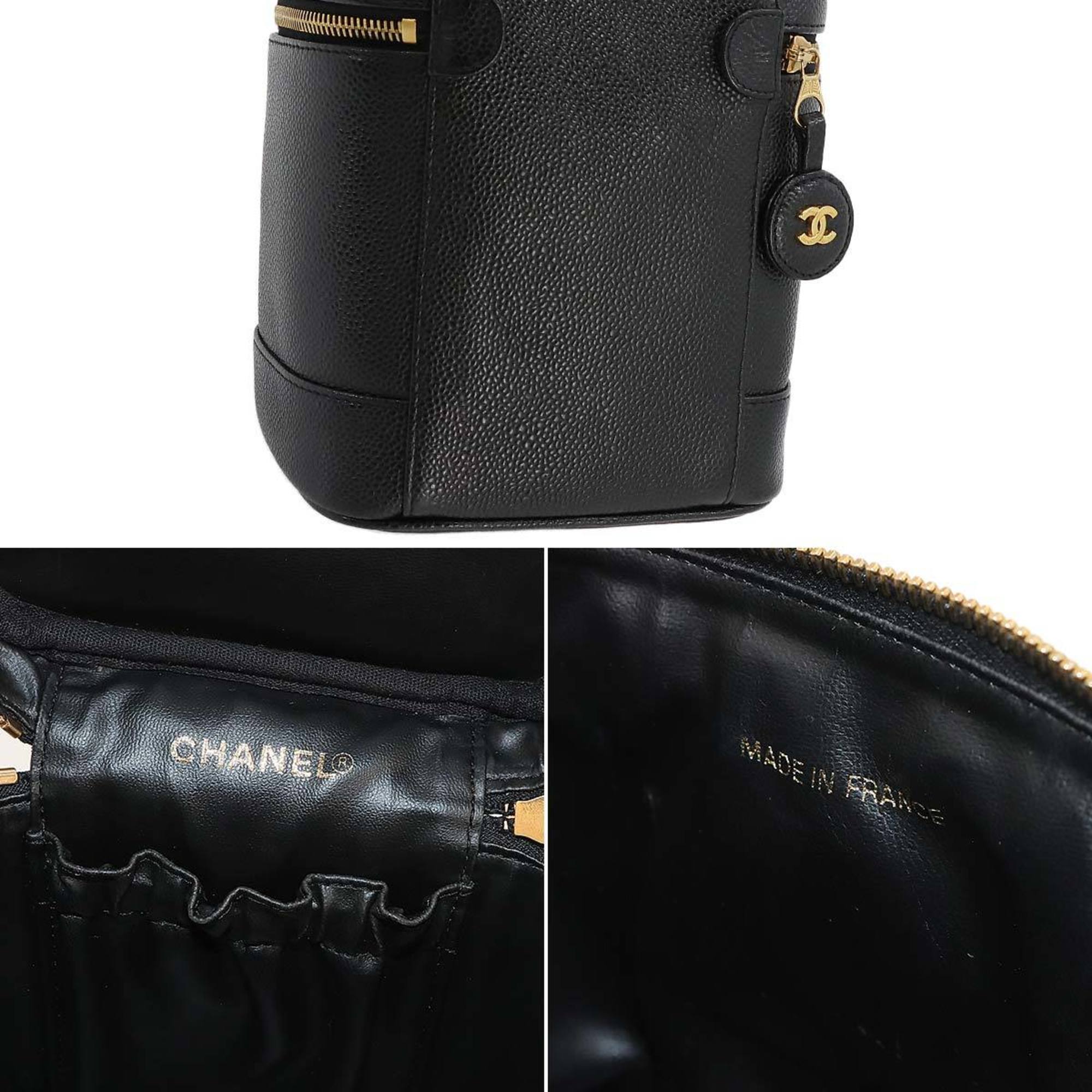 CHANEL Vanity Hand Bag Caviar Skin Leather Black A01998 Coco Mark Gold Hardware
