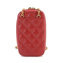 CHANEL Matelasse Phone Holder Chain Shoulder Bag Leather Red Gold Hardware