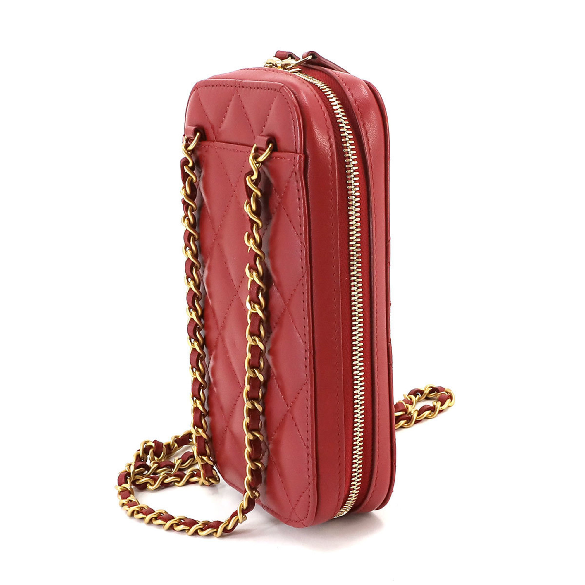 CHANEL Matelasse Phone Holder Chain Shoulder Bag Leather Red Gold Hardware