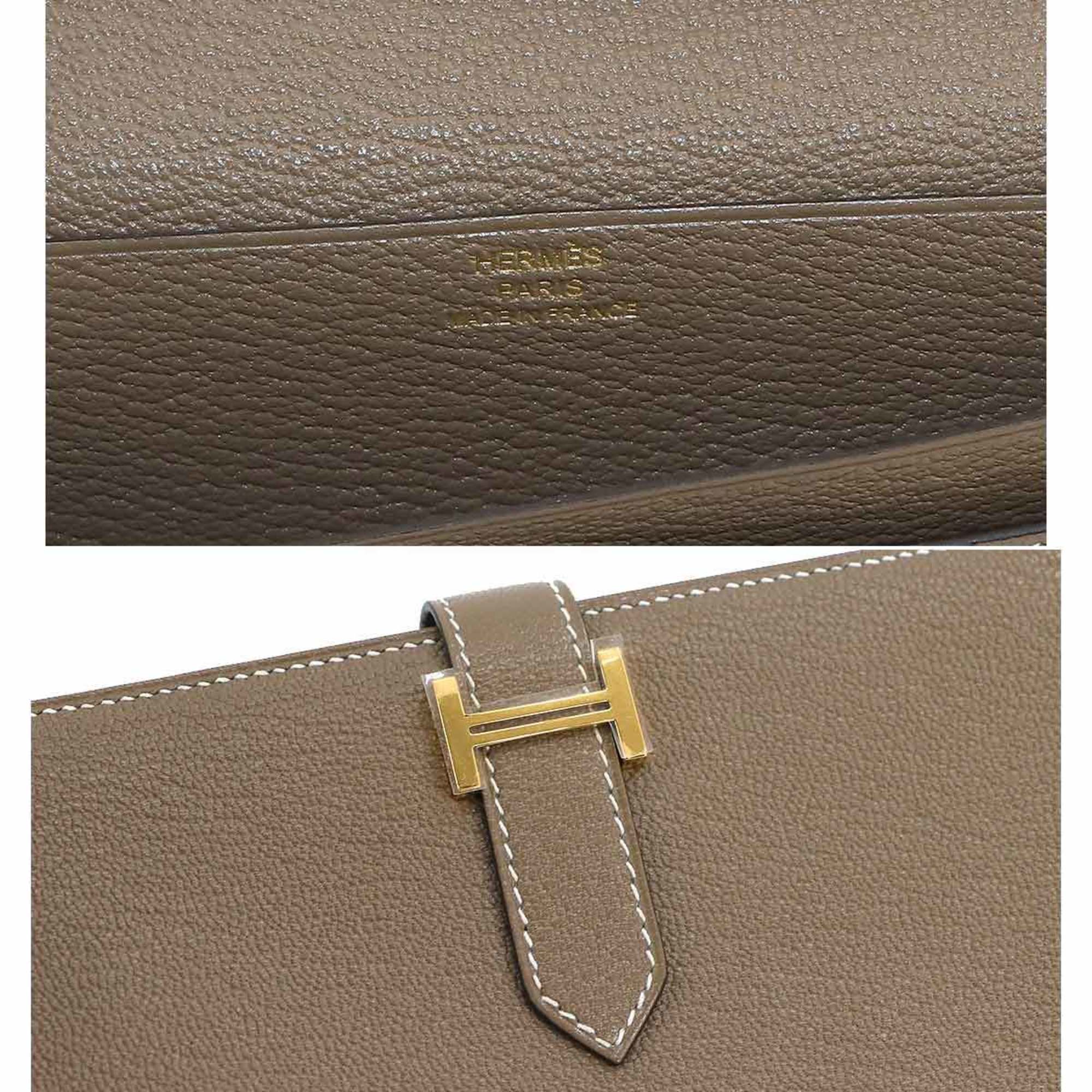 Hermes Bearn Soufflet Bi-fold Long Wallet Chevre Etoupe U Engraved Gold Metal Fittings