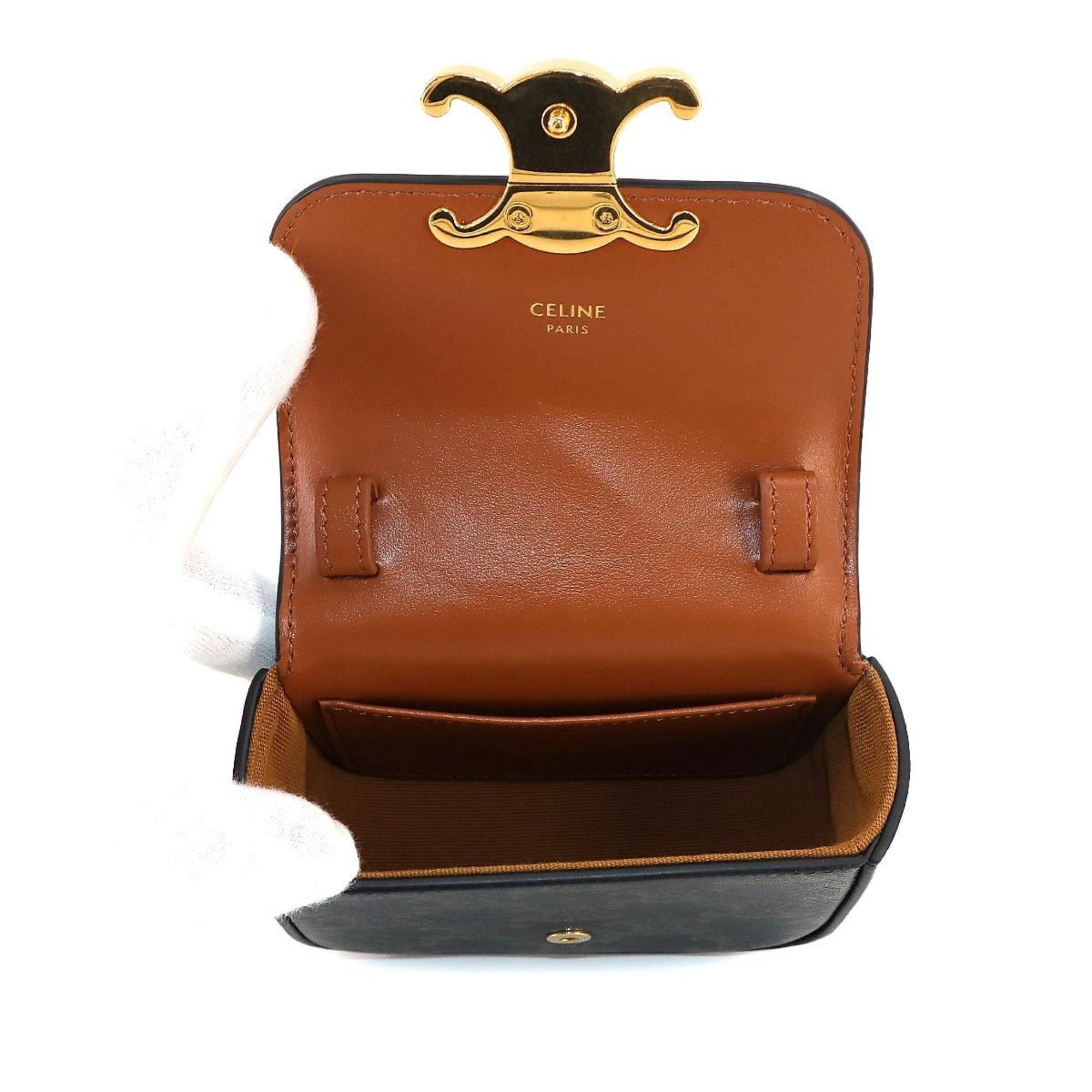 CELINE Triomphe Shoulder Bag Leather Tan Brown Black 10I512DQB Mini