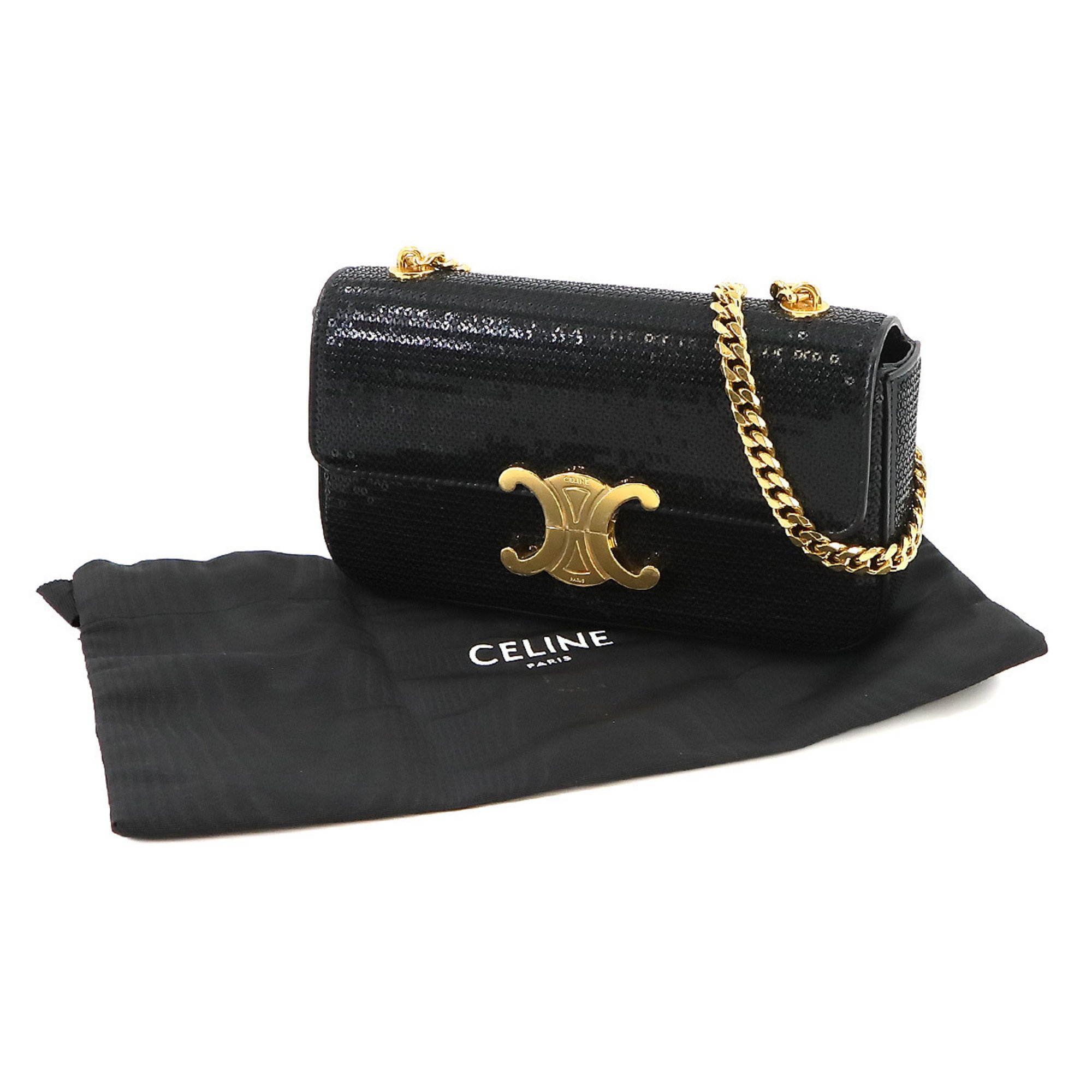 CELINE Triomphe Sequin Chain Shoulder Bag Leather Black 197993BF4 Gold Hardware