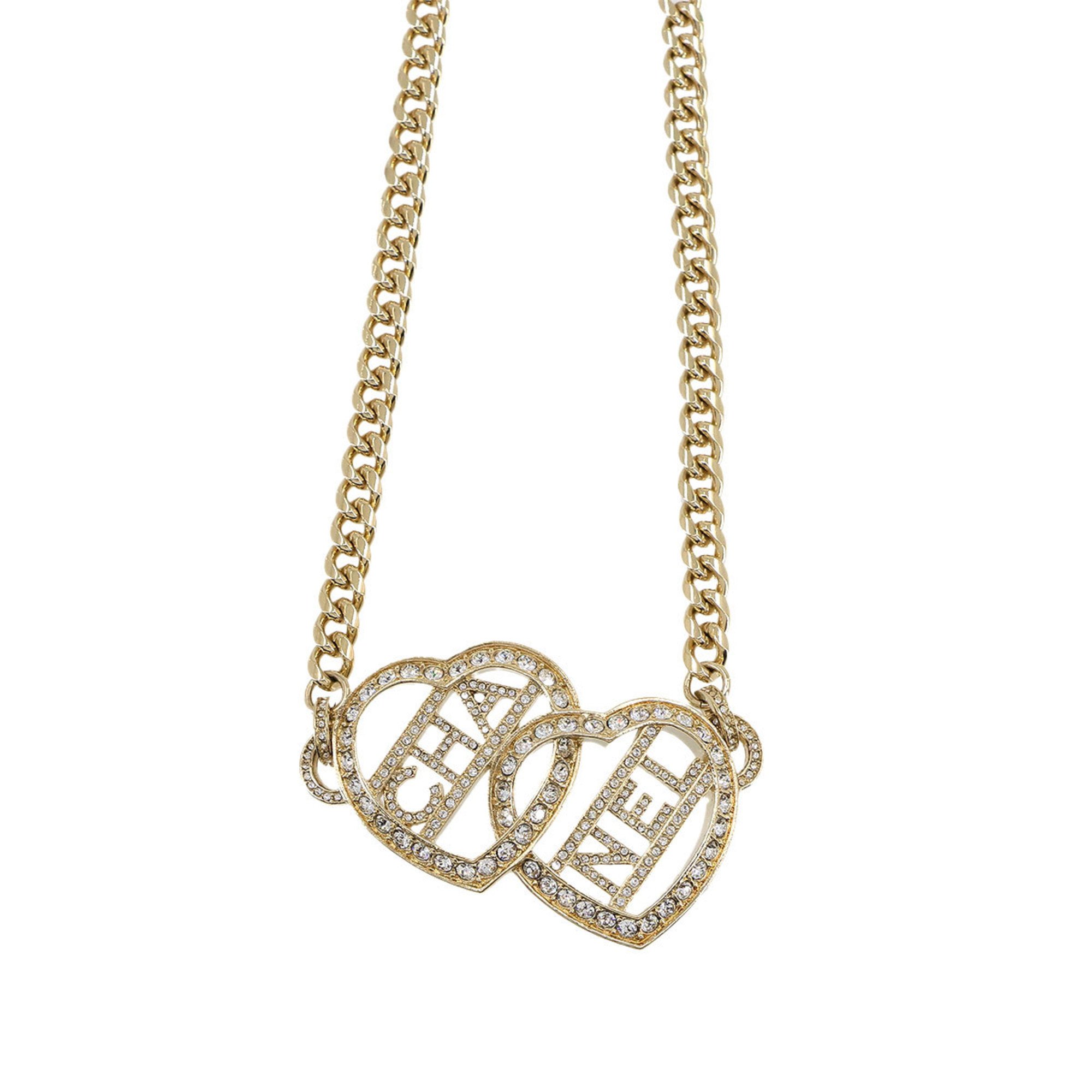 CHANEL Heart Necklace Choker Rhinestone Gold F23B