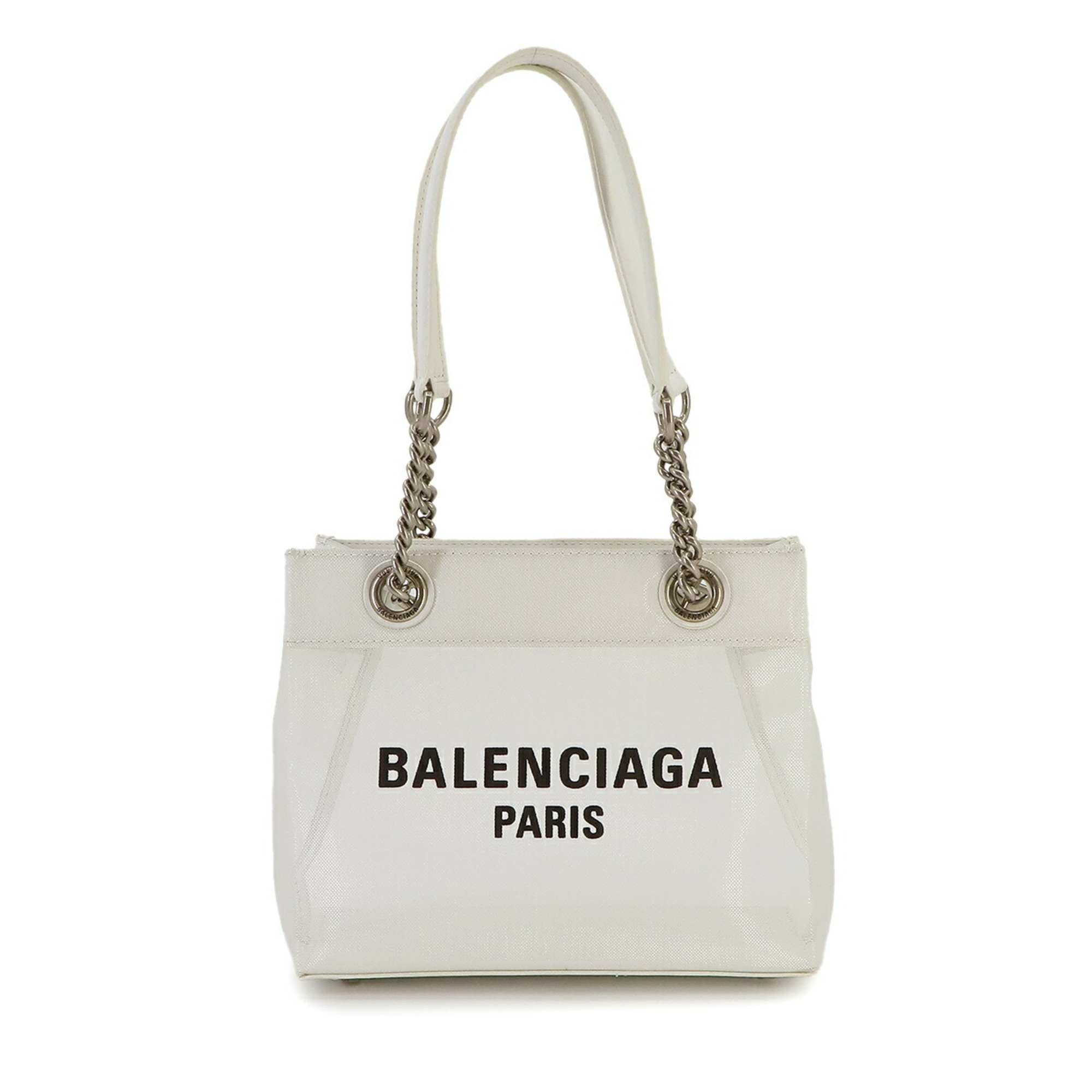 BALENCIAGA Duty Free Small Tote in Polyester, Leather, Mesh, White 741603