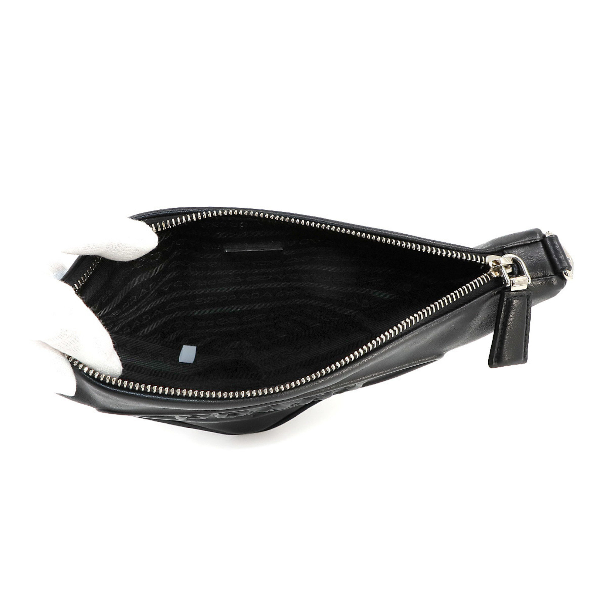 PRADA Triangle Clutch Bag Leather Nero Black 1NE039