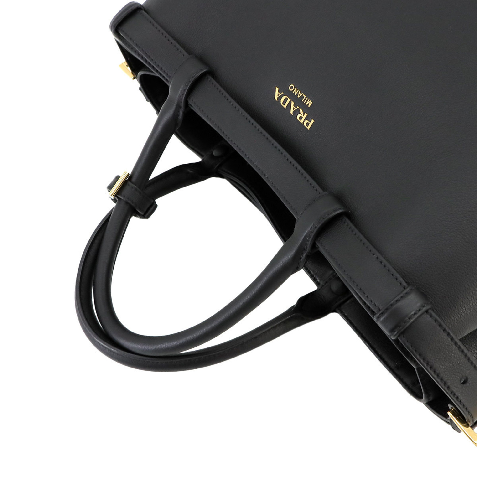 PRADA Double Belt Buckle Medium Hand Bag 2way Shoulder Leather Black 1B17 Gold Hardware