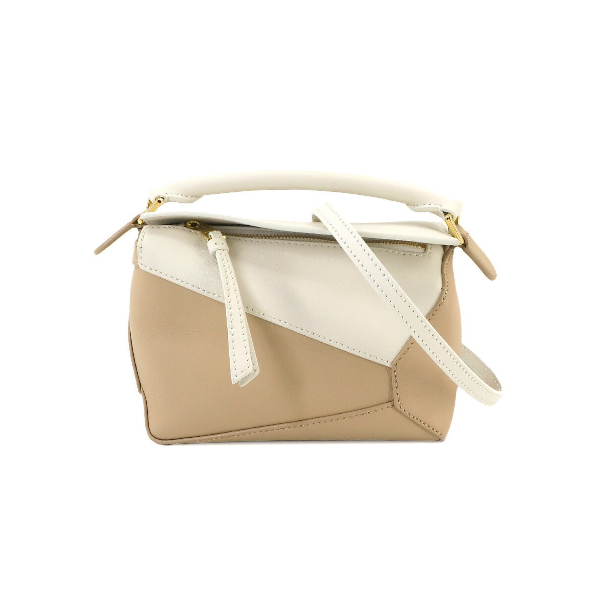 LOEWE Puzzle Bag 2way Hand Shoulder Leather Beige White A510P88X30 Gold Hardware Mini