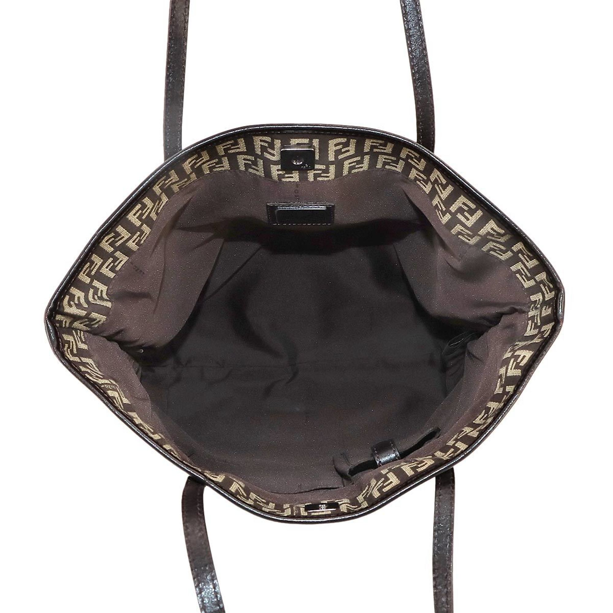 FENDI Zucchino Brown Beige Canvas Leather 8BH074 Silver Hardware Tote Bag