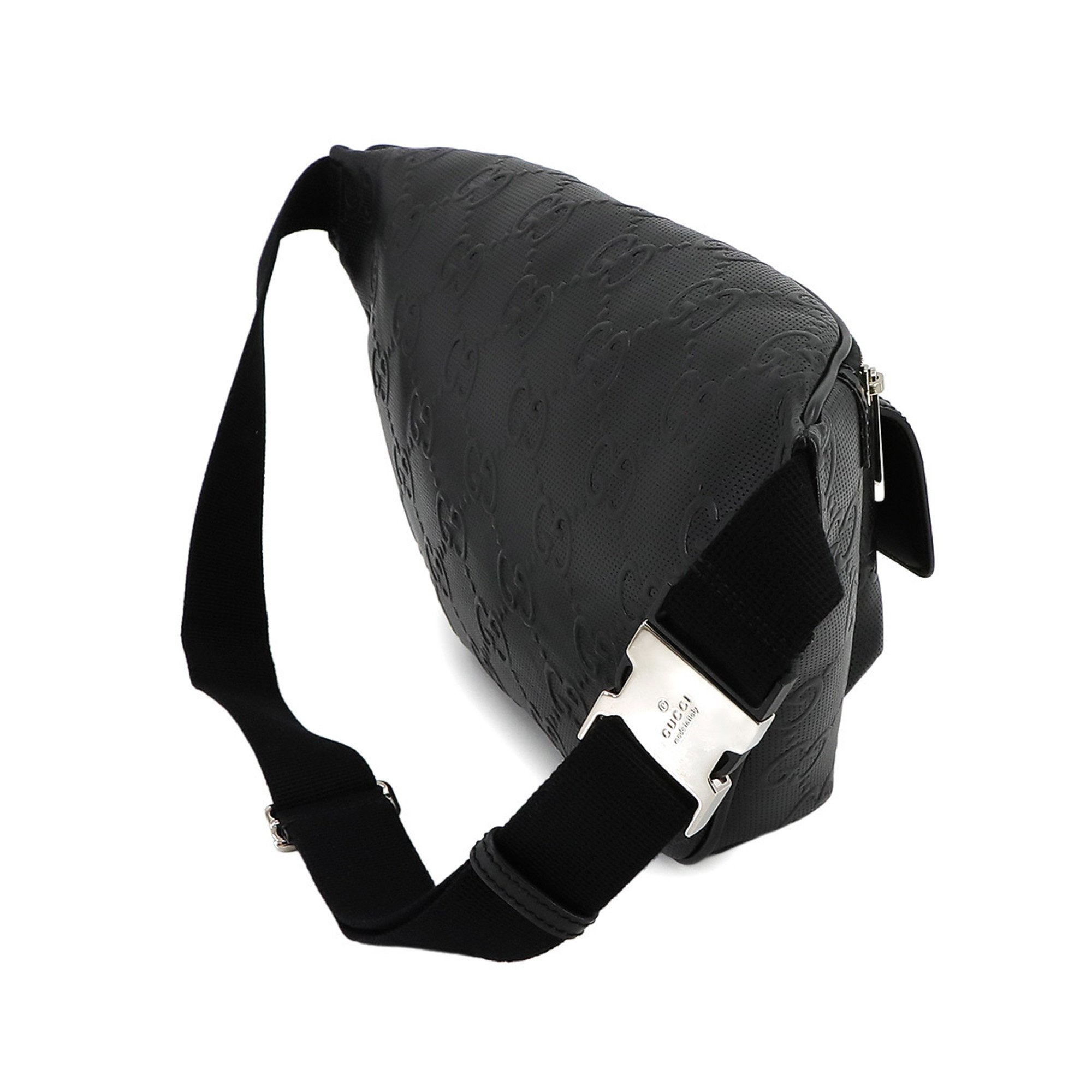 GUCCI GG embossed belt bag, body leather, black, 645093, silver hardware, Embossed Belt Bag
