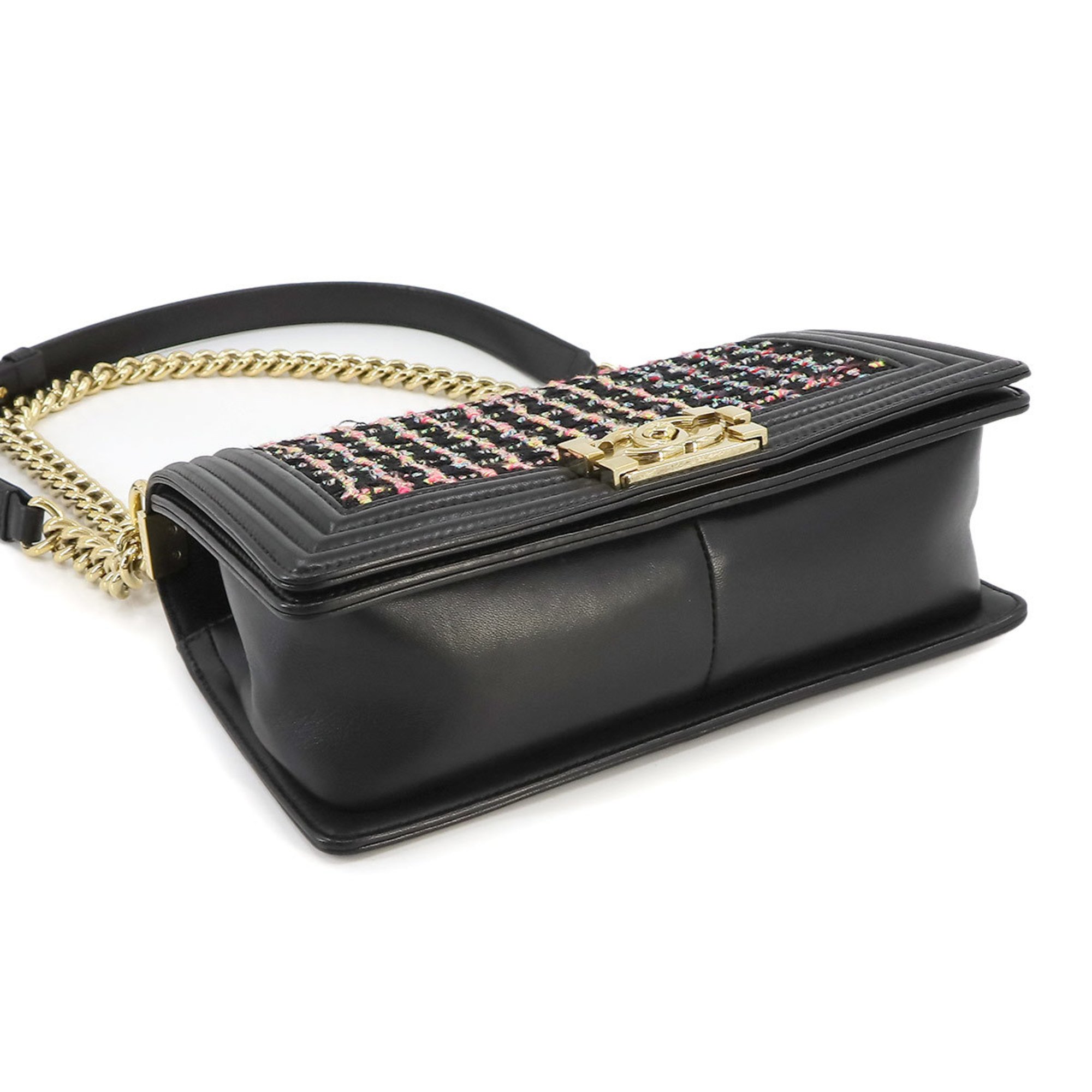 CHANEL Boy Chanel Chain Shoulder Bag Leather Tweed Black Multicolor A67086 Gold Metal Fittings