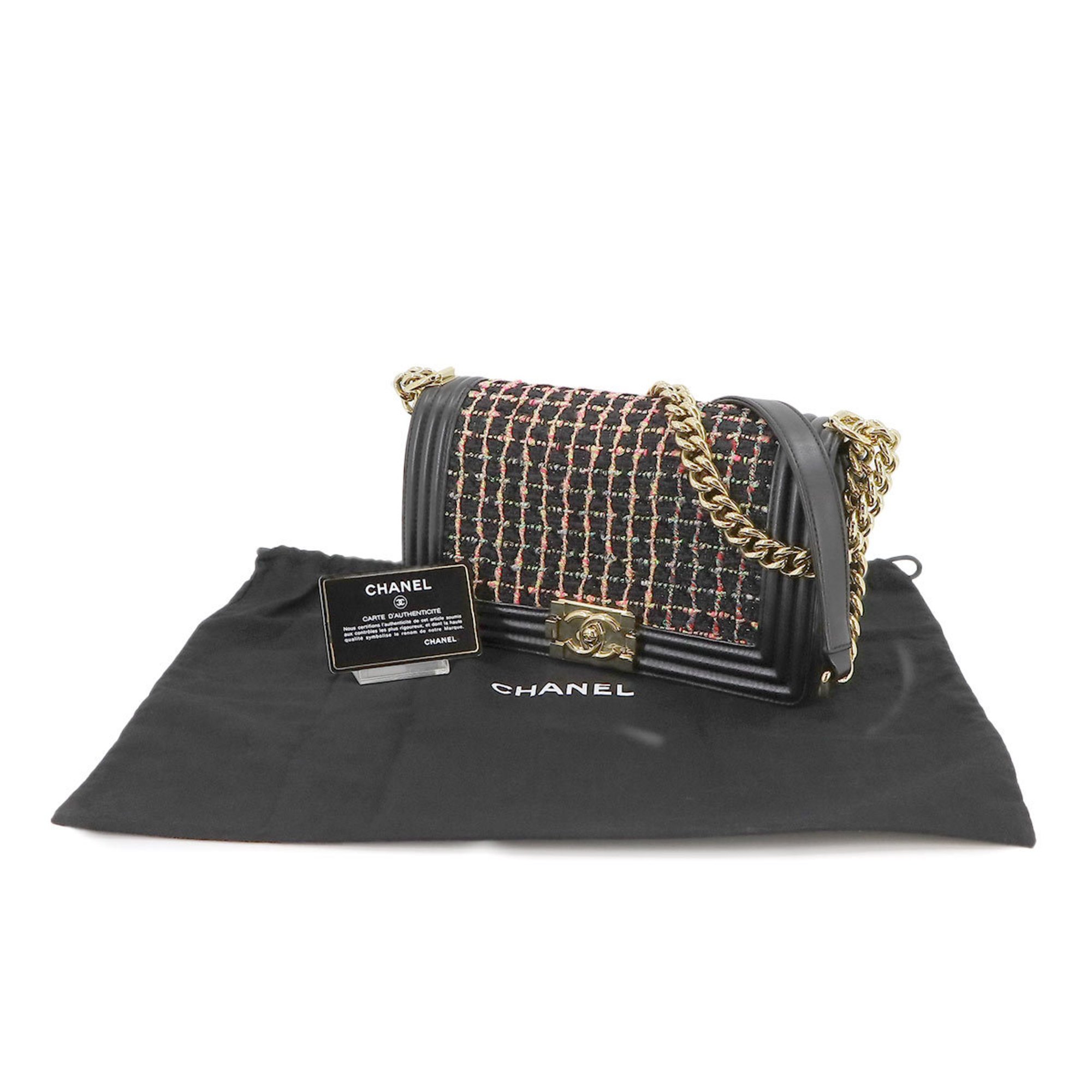 CHANEL Boy Chanel Chain Shoulder Bag Leather Tweed Black Multicolor A67086 Gold Metal Fittings