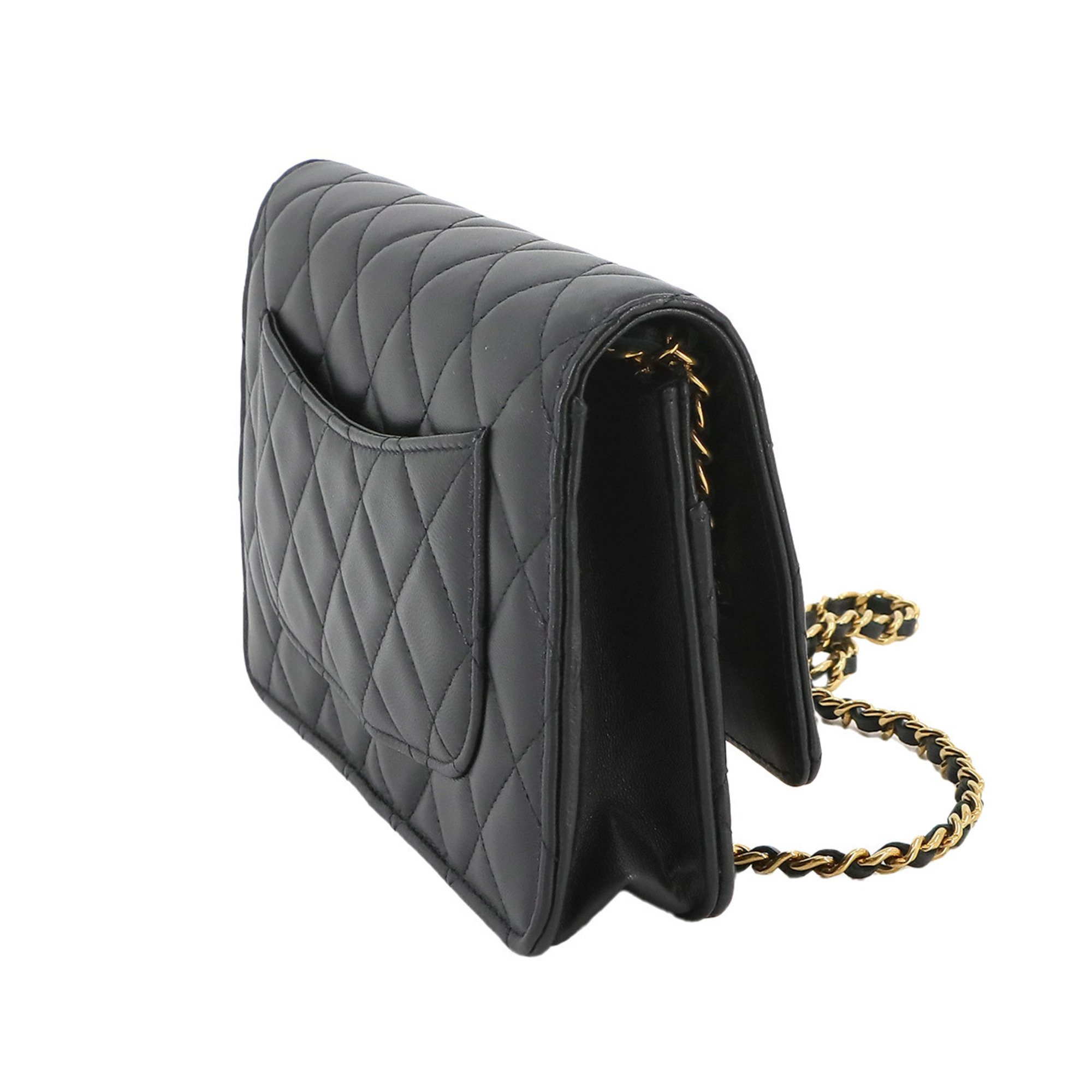 CHANEL Matelasse Chain Wallet Long Leather Black Gold Metal Fittings
