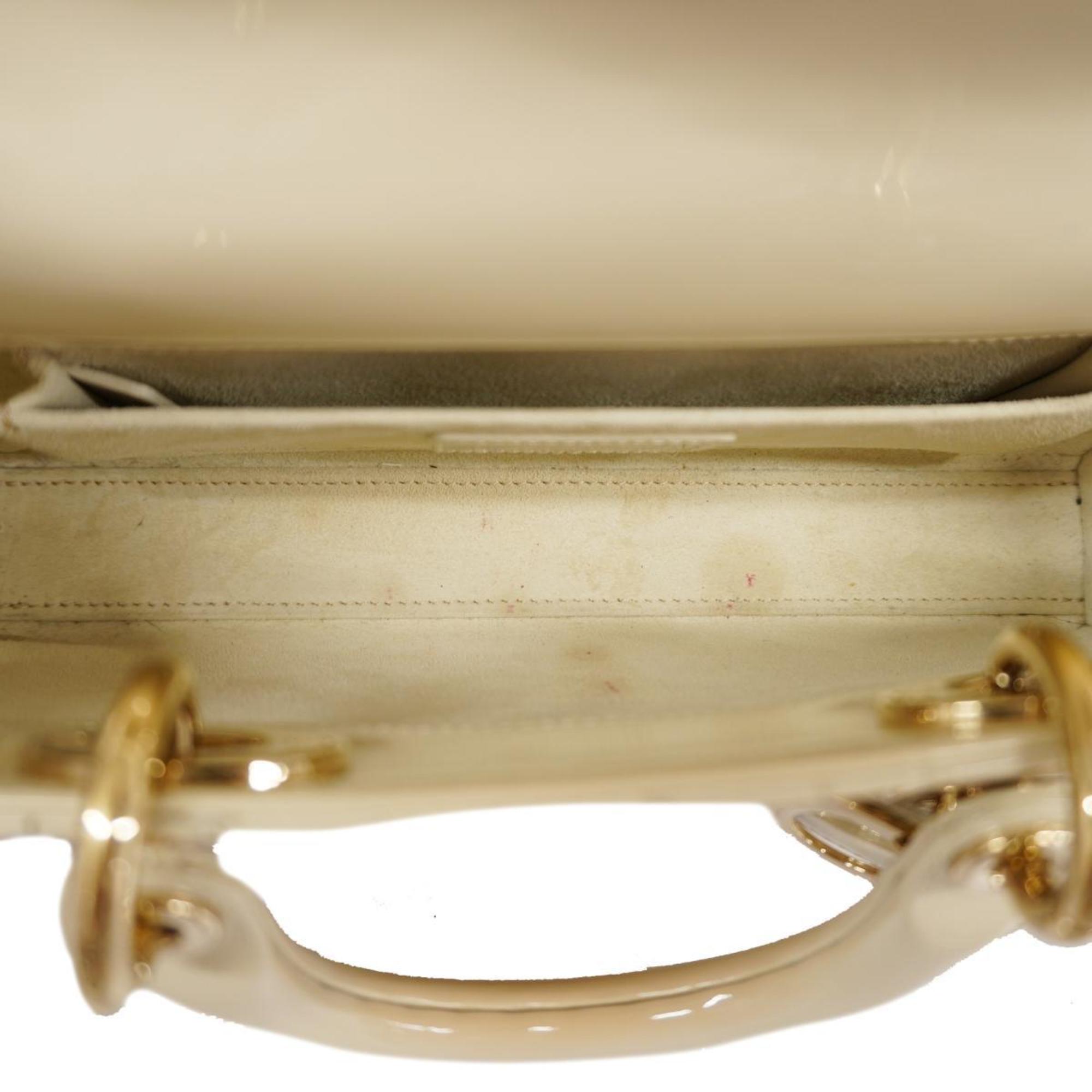 Christian Dior Handbag Cannage Lady D Joy Patent White Champagne Women's