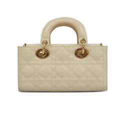 Christian Dior Handbag Cannage Lady D Joy Patent White Champagne Women's