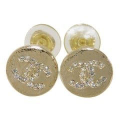 CHANEL Earrings Round Crystal Coco Mark Rhinestone Clear Champagne Gold Plated A19A CC Women's