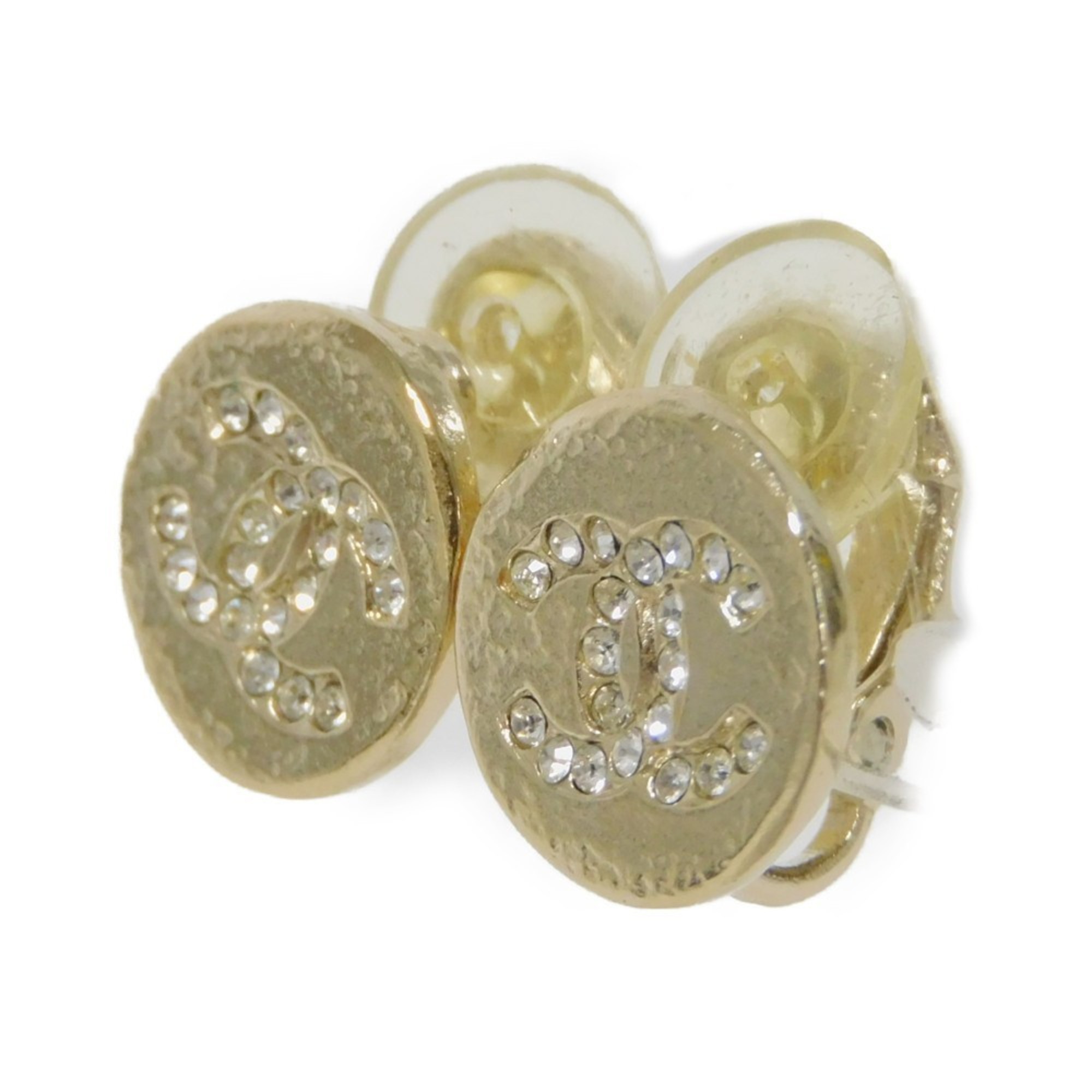 CHANEL Earrings Round Crystal Coco Mark Rhinestone Clear Champagne Gold Plated A19A CC Women's