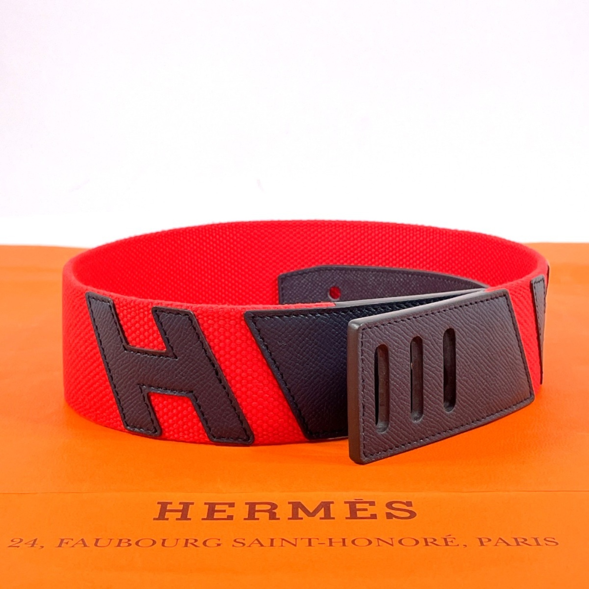 HERMES Croisière H Belt Canvas/Veau Epsom Red Z Stamped Women's N4044339