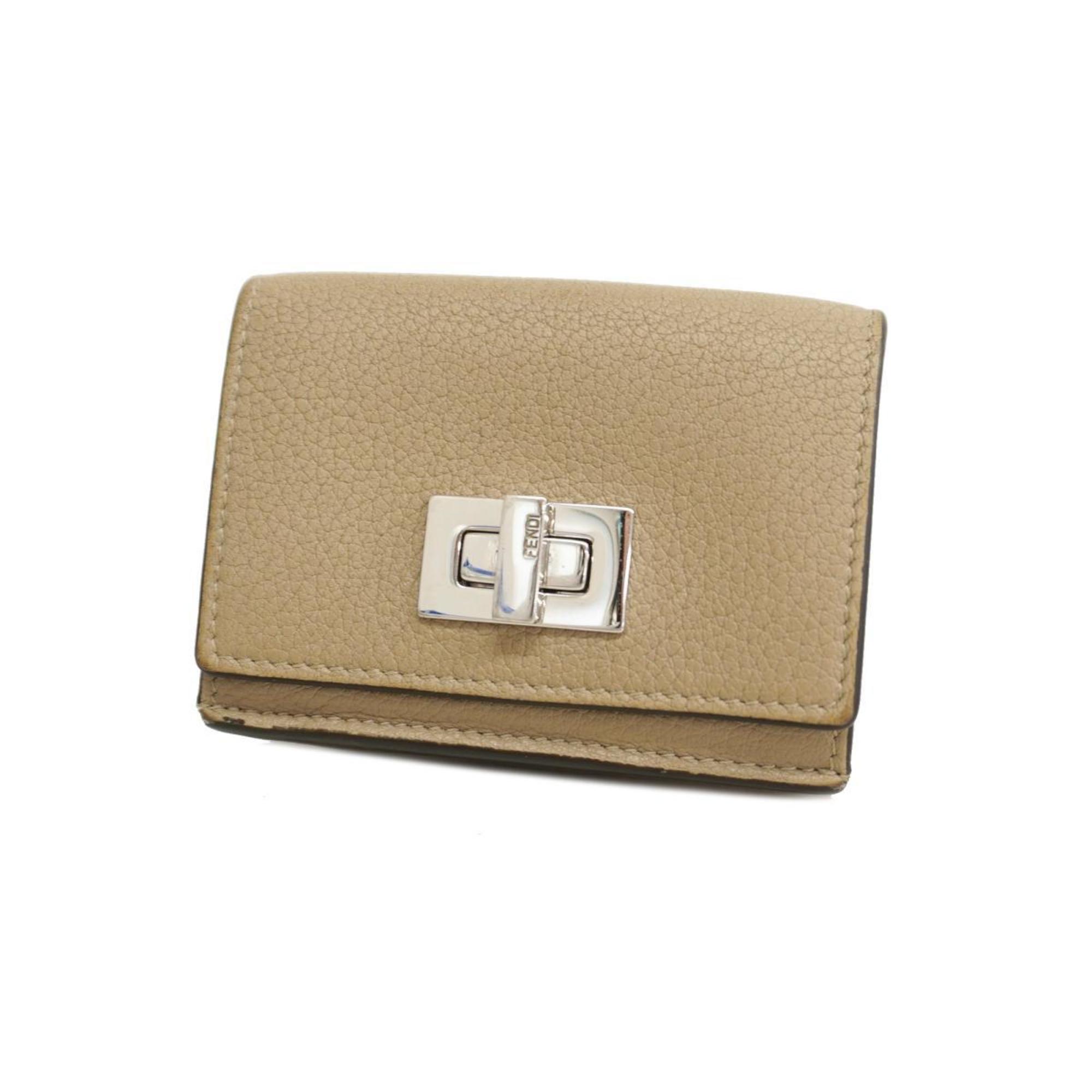 Fendi Tri-fold Wallet Leather Beige Women's